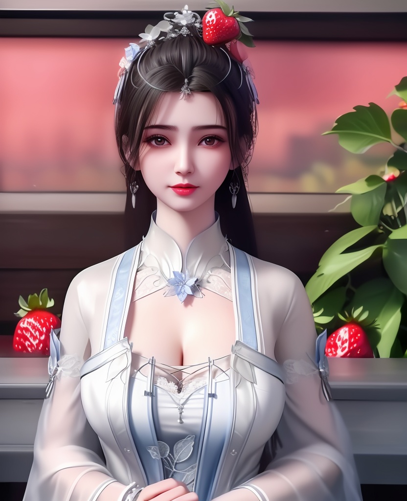 <lora:607-DA-仙逆-李慕婉-**:0.8>(,1girl, ,best quality, ),looking at viewer,masterpiece, (( , )),ultra realistic 8k cg, ,    ,cleavage,strawberry blossoms,lace , (cleavage), (),