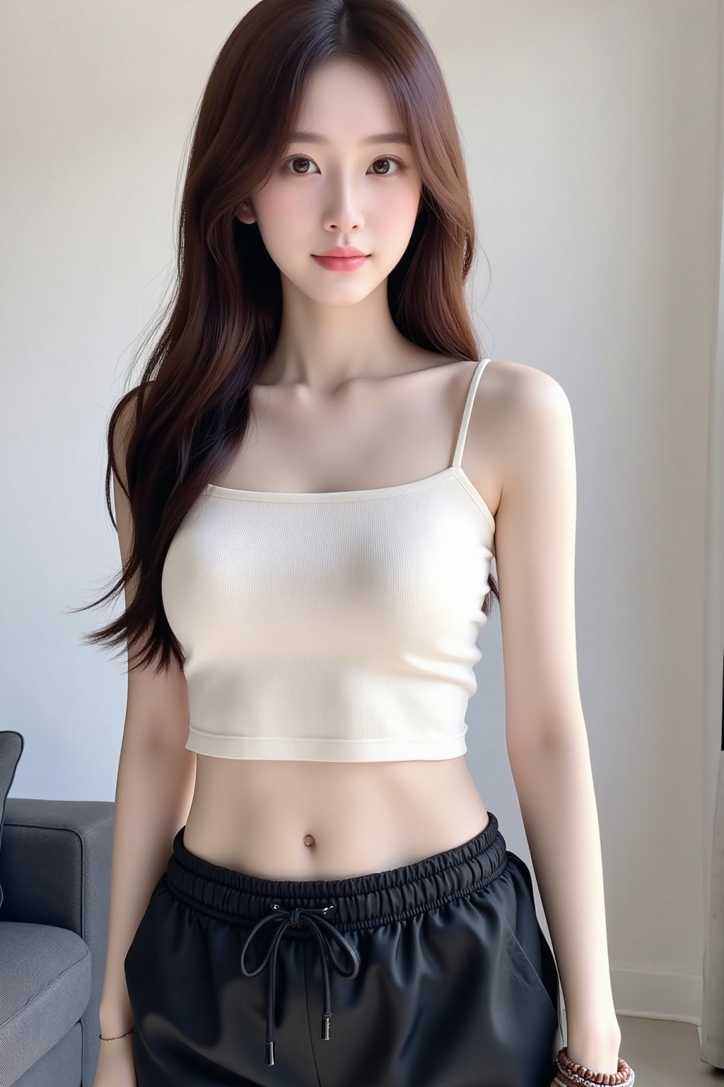 beauty,chest,The image is a high-resolution photograph featuring a young woman standing indoors. She has a slender physique with fair skin and long, straight, dark brown hair that cascades down her back. She is wearing a form-fitting, ribbed white crop top with thin spaghetti straps that accentuate her small to medium-sized breasts. The top is cropped just above her navel, revealing her flat, toned stomach. She is also wearing black, loose-fitting pants with a drawstring waist, which have a slight sheen and are unbuttoned, exposing part of her midriff. Around her left wrist, she wears a stack of several bracelets, including a brown beaded one and a silver bangle.The background is minimalistic, featuring a plain white wall and a dark gray or black couch in the left corner, partially visible. The lighting is natural, likely coming from a window on the right side, casting soft shadows and highlighting the textures of her clothing. The overall mood of the photograph is casual and contemporary, with a focus on the woman's stylish and minimalist attire. The photograph is taken in a modern, well-lit room, emphasizing the simplicity and elegance of the subject's outfit.