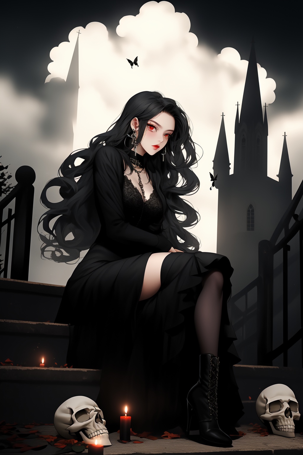 ShenMi,stairs,scenery,clouds,no one,sky,cloudy sky,outdoor,architecture,arches,buildings,railings,towers,windows,candles,Gothic,church,slightly dark,gloomy,dilapidated 1Girl,black hair,long hair,solo,jewelry,boots,black shoes,skull,earrings,pantyhose,sitting,red eyes,white background,long sleeves,looking at the audience,high heels,high heels,black pantyhose Liu Hai,extra long hair,fluffy sleeves,full body,chair,simple background,dress,black shirt,chain,closure,insect,book,fluffy long sleeves,black dress,butterfly,hug,cross legged,gothic style,<lora:ShenMi7:0.8>,