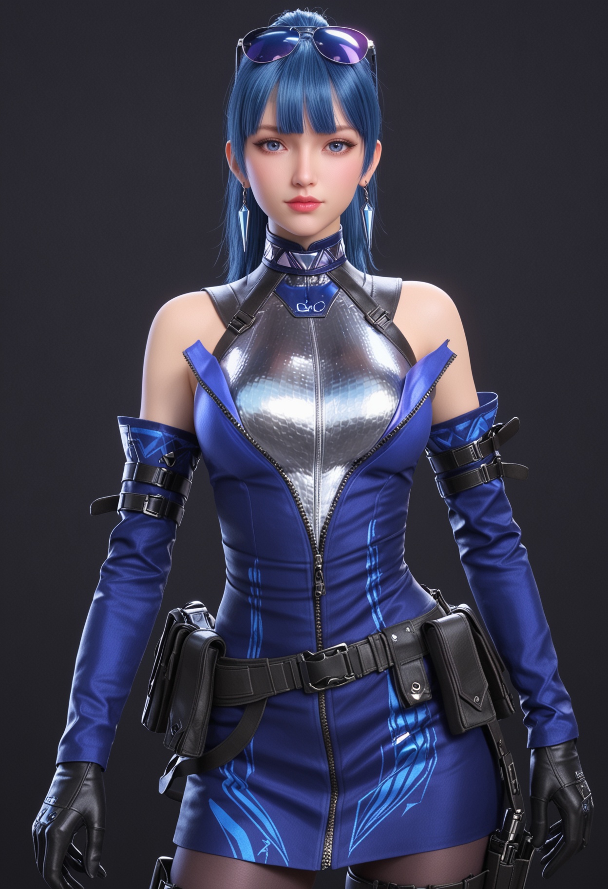 (upper_body:1.2),(looking at viewer:1.1),facing viewer,direct gaze,<lora:YQ_pony_wumengmeng_V4:0.8>,1girl,q1528437228,solo,blue hair,eyewear on head,earrings,gloves,jewelry,ponytail,detached sleeves,long hair,pantyhose,belt,dress,holster,blunt bangs,black hair,jacket,brown eyes,thigh holster,collar,sleeveless,blue eyes,skirt,blue dress,grey eyes,belt pouch,thigh strap,BREAK (simple background,pure black background,black background:1.1),perfect anatomy,