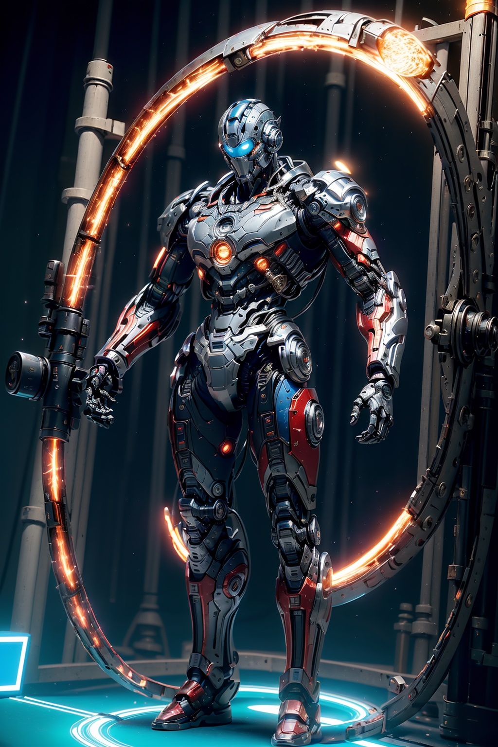 masterpiece,best quality,(highly detailed),male soldier,strong,cyborg,(full body:1.3),day light,bright light,wide angle,white background,<lora:hjyrobo5-000010:0.75>,complex body,shining sparks,(red and black:1.1),studio light,(stand on shining blue light circle Science Fiction Portal:1.2),machinery  time gate  behind,Nuclear reactor core,slivery,