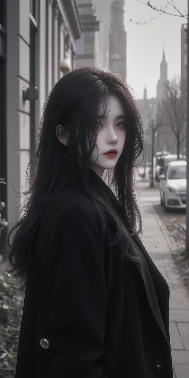 GFSM,XS,masterpiece:1.2),best quality,high resolution,unity 8k wallpaper,(illustration:1),perfect lighting,extremely detailed CG,finely detail,extremely detailed,soft lighting and shadow,soft yet striking lighting,film grain:1.2,(skin pores:1.2),(detailed skin texture:1),((solo:1.5)),Detailed face,(see-through:1.1),misty,Low Key:1.1,depth of field,A woman in a black coat stands confidently amidst an urban backdrop,her gaze directed off to one side.,