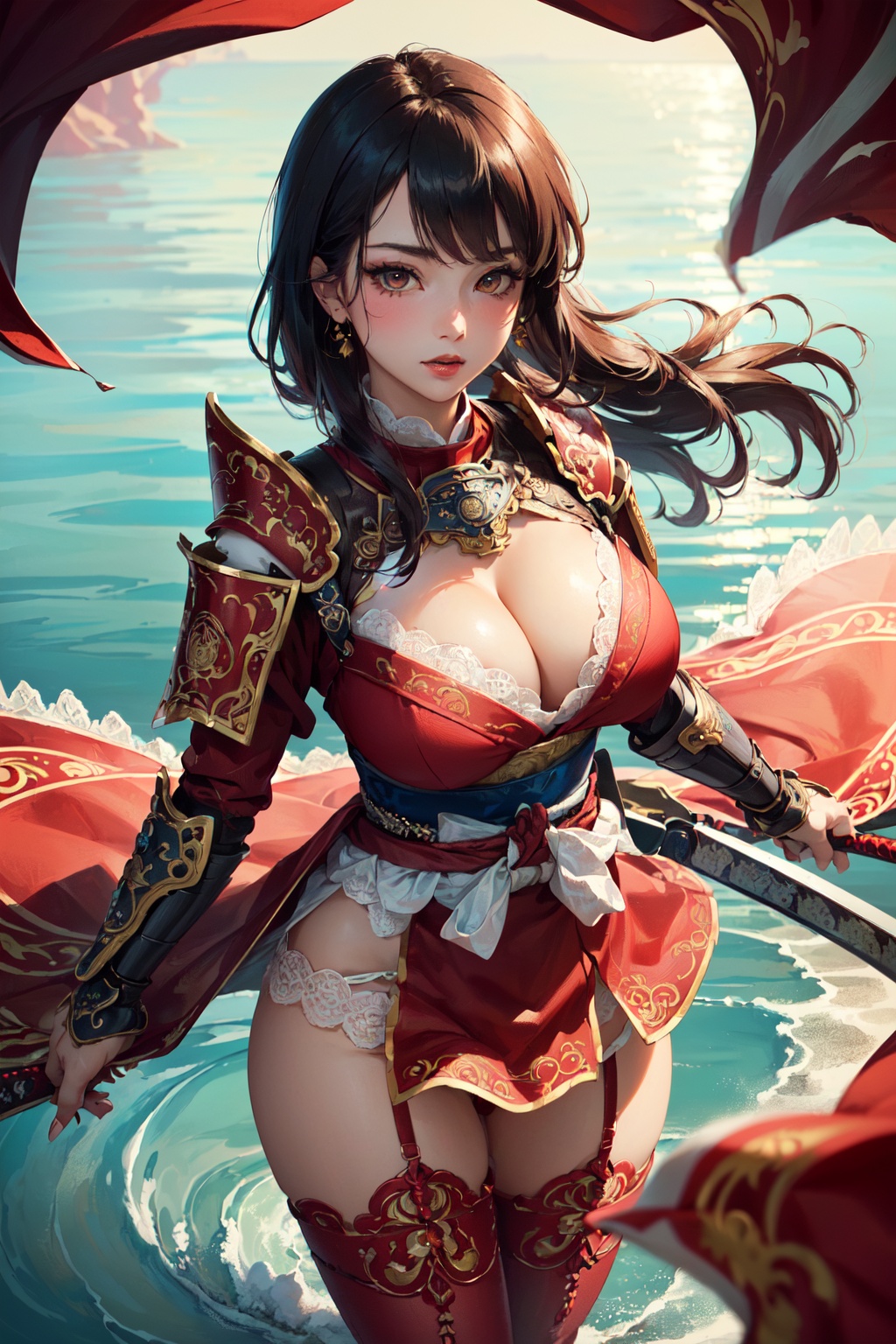(masterpiece, best quality, hires, high resolution:1.2), (beautiful, aesthetic, perfect, delicate, intricate:1.2), (cute, adorable), (depth of field:1.2), (1girl, solo), (a sexy female samurai coming out of the red water), (huge breasts, cleavage), (eyeshadow, eyeliner), (windy hair), (red water:1.4), (ornate delicate samurai armor:1.4), (lace stockings), (from above), (cowboy shot:1.4),