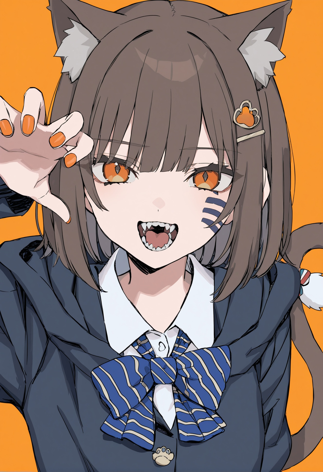 masterpiece, best quality,1girl,solo, animal ears, bow, teeth, jacket, tail, open mouth, brown hair, orange background, bowtie, orange nails, simple background, cat ears, orange eyes, blue bow, animal ear fluff, cat tail, looking at viewer, upper body, shirt, school uniform, hood, striped bow, striped, white shirt, black jacket, blue bowtie, fingernails, long sleeves, cat girl, bangs, fangs, collared shirt, striped bowtie, short hair, tongue, hoodie, sharp teeth, facial mark, claw pose, hooded jacket, blue hoodie, yellow background, hair ornament, paw ornament, tail raised, dress shirt, hairpin, slit pupils, hair over one eye, arm behind back, striped clothes, whisker markings, hand up <lora:hakuhiruoeoeXLlokr-000056:1>
