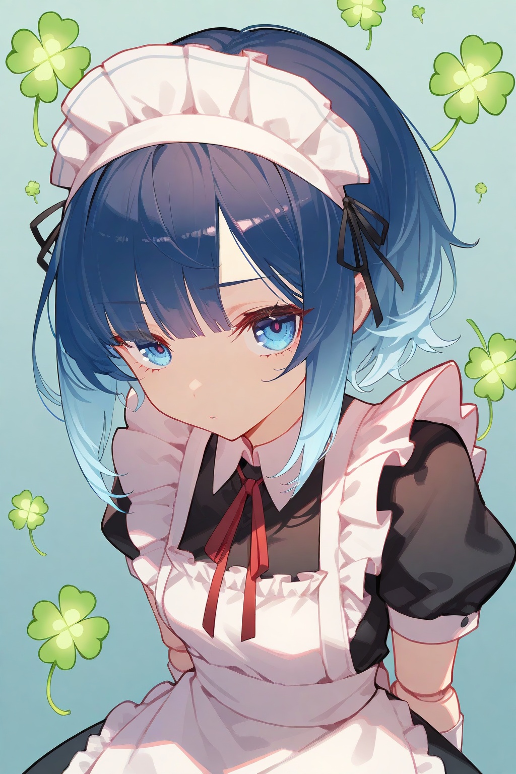 crisp,gwwj,Mika Pikazo,ezu,melting,Tender,simple background,light blue background,(clover background:1.3),flying clover,Gradient background,reality,reality,(deadflow:1.1),bm tol,(ask \(askzy\):1.1),pastel colors,(close-up:1.3),(portrait:1.5),Focus on the face,looking at viewer,(upper body:1.8),(arms behind back:1.5),1girl,solo,(blue hair:1.1),short hair,gradient hair,Bright blue hair,bangs,blue eyes,sidelocks,doll joints,bowjoints,maid,frills,maid headdress,frills collar,ribbon,neck ribbon,black ribbon,red ribbon,puffy sleeves,dress,black dress,short sleeves,puffy short sleeves,frills sleeves,gloves,white gloves,frills gloves,Continuous gloves,long gloves,apron,white apron,maid apron,frilled apron,
