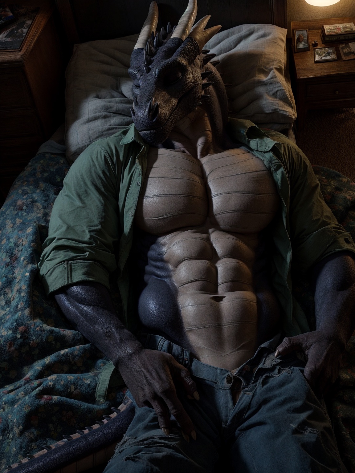 dragon, clothed, clothing, muscle, belly, open shirt, abs, laying down, head on pillow, bedroom, nightstand, dark, photorealism, photo, real, realism, high angle shot, asleep