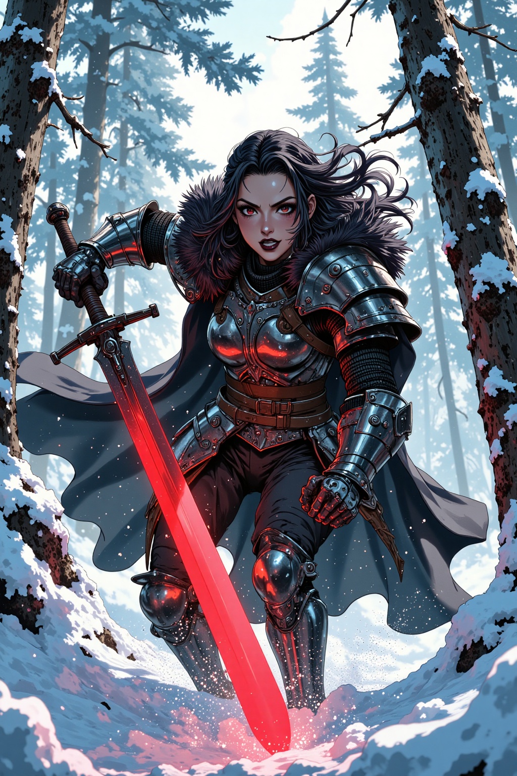 Frozen Fray: A barbarian warrior,encased in battered black chrome armor,charges forward amidst a blustery snowy forest. Her fur-lined cloak billows behind her as she lunges,the wind whipping her short,curly dark hair into a frenzy. Blackened lips and blackout eyeshadow accentuate her intense gaze,while an iron tiara crowns her triangular face. Braids cascade down her back as she brandishes a massive glowing red sword,its skull-engraved hilt glinting in the pale light. The snow-covered trees tower above,their branches etched against the grey sky **** skeletal fingers,as our armored heroine unleashes a fierce battle cry into the frozen wilderness.,