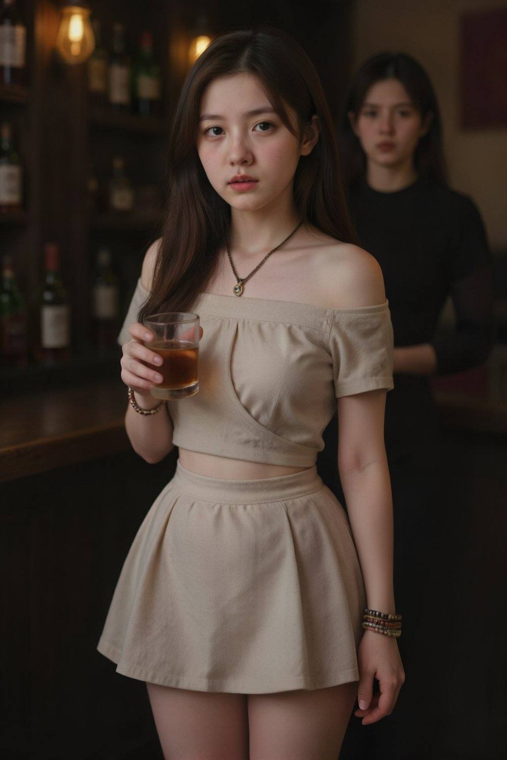 A photograph of a slender Asian woman with long,  straight brown hair,  wearing a beige on Tensor.Art