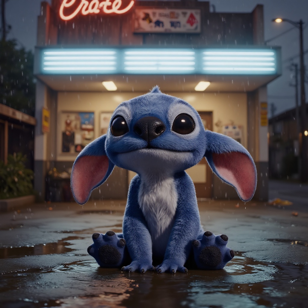 stt sits with his knees hugged,in a puddle under a neon sign,ears drooping behind him,wet and dripping fur,looking up at the rain,with a sense of loneliness.,
