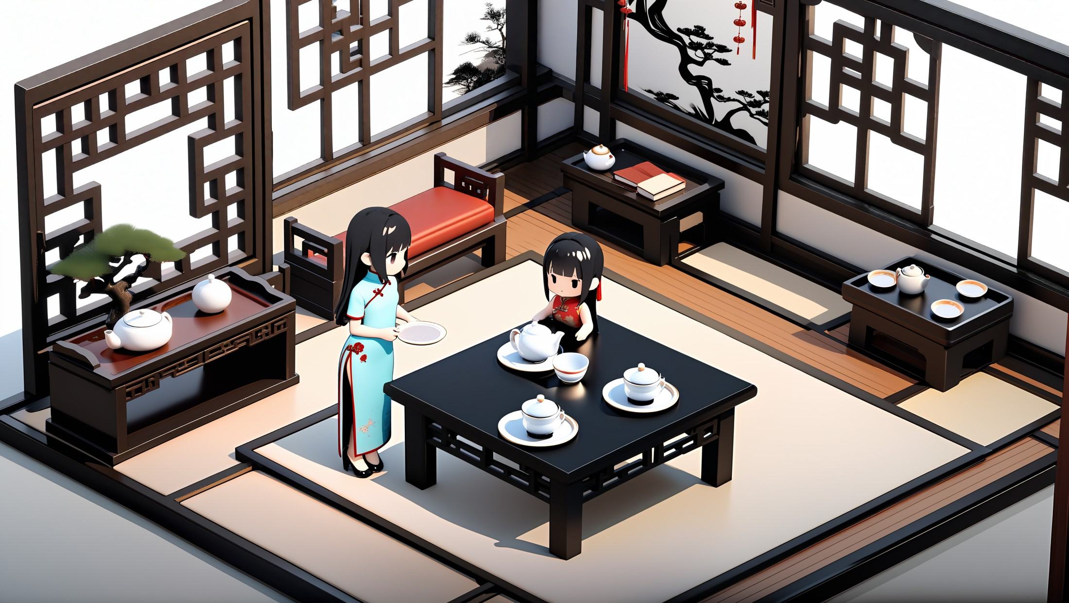 masterpiece,best quality,<lora:gamebg:0.5>,3d,white background,chibi girl,(1girl,solo,long hair,black hair,china dress, :1.6),room-style,dark wood flooring,traditional Chinese wooden lattice walls,intricate carvings,flower and auspicious patterns,classic lattice windows,white paper coverings,natural light,blue and white porcelain vases,bonsai,elegant atmosphere,low redwood tea tables,tea chairs,detailed carvings,exquisite tea sets,teapots,teacups,tea trays,blue and white porcelain,purple clay,ink paintings,landscape and bamboo,cultural ambiance,bookshelves,ancient books,tea books,tea art performance area,classic tea table,bench,traditional tea ceremony,indoor pond,koi fish,green stones,peaceful ambiance,traditional Chinese lanterns,flower and poetry designs,warm lighting,light tea fragrance,classical and serene atmosphere,