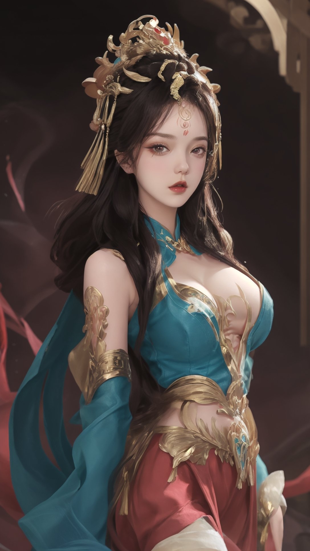 (1girl),smooth chin,masterpiece,detailed face,((hair ornament:1.2)),top quality,4k,make up,best quality,large breasts,(looking at viewer),red ribbon,dress,arms behind back,(on back),shawl,detached sleeves,chinese building,forehead mark,golden hair ornament,<lora:王者杨玉环原皮_v1.1:0.7>,legs,