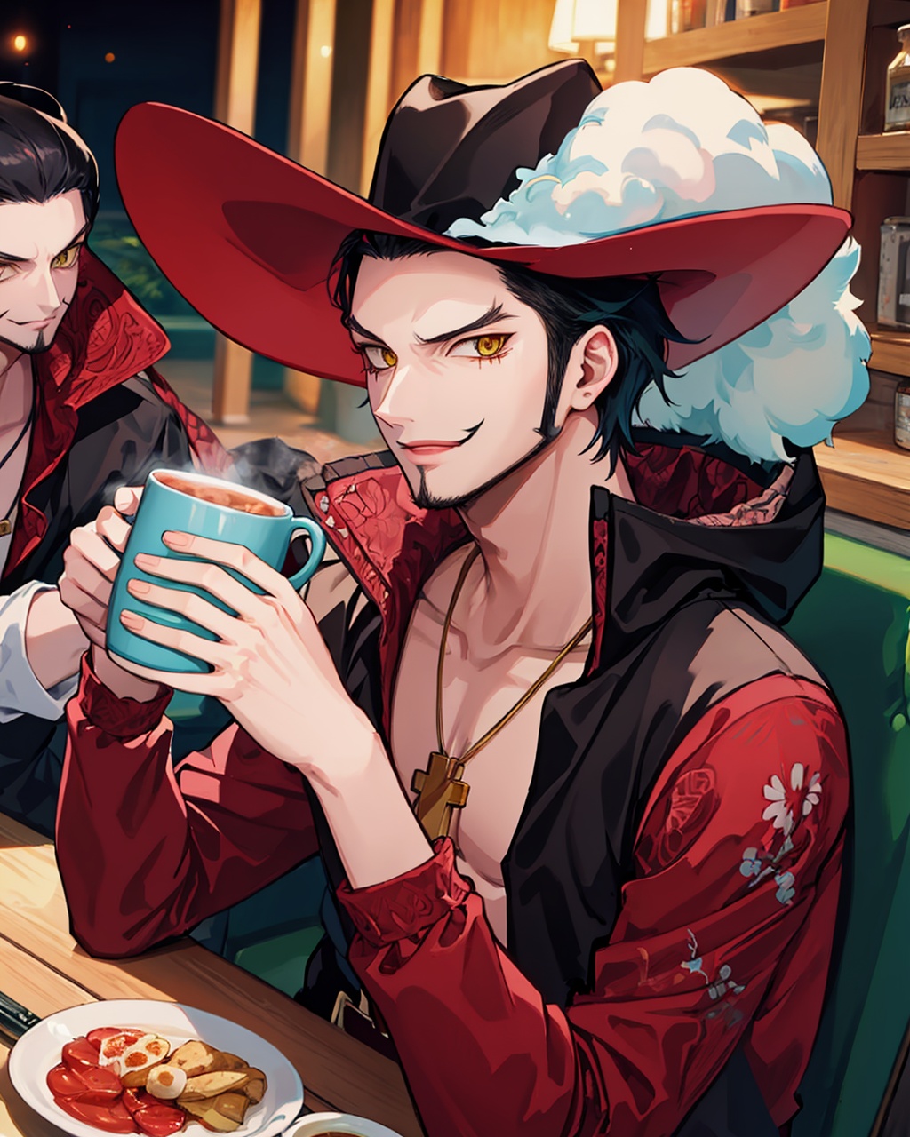 masterpiece,best quality, highly detailed, dracule mihawk,male focus, hat, 2boys, holding cup, mug, scar, necklace, looking at viewer, smile, solo focus,<lora:dracule_mihawk:1>