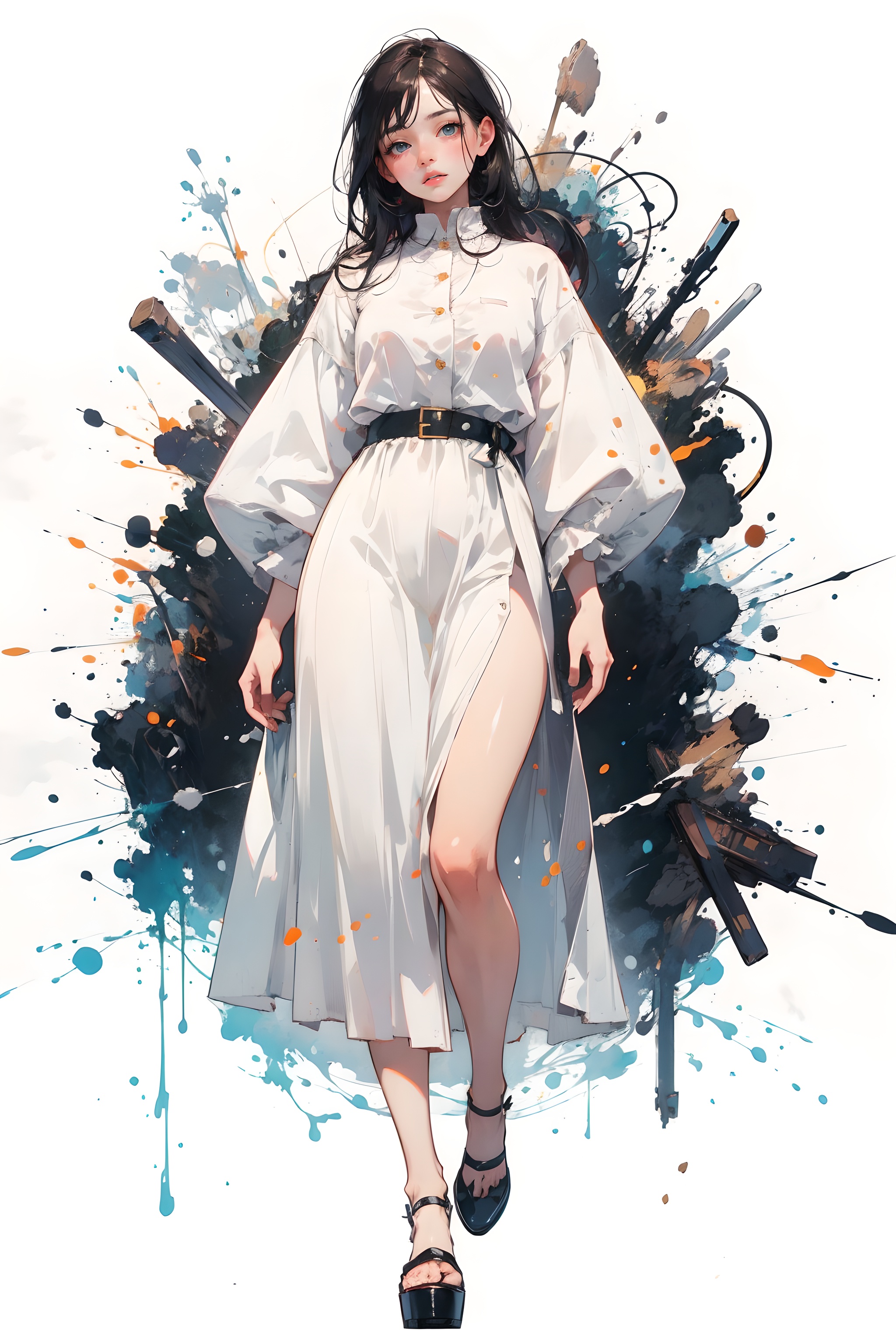 full body shot, 1 girl, solo exhibition, beautiful face, delicate eyes, white background:2,(best quality), ((masterpiece)), (highres), illustration, original, extremely detailed, Random clothes,Random color clothes,
