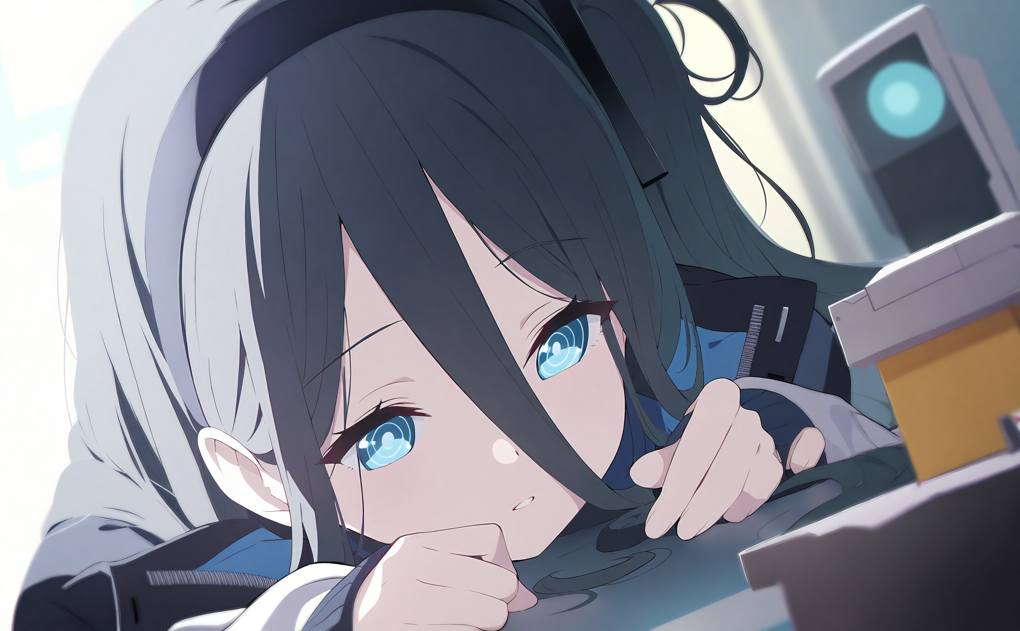 masterpiece,very aware,highres,absurdres,newest,best quality,loli,petite,high quality,chromatic_aberration,Light Blue Theme,cinematic_angle,dutch angle,//,aris_\(blue_archive\),1girl,halo,blue_eyes,black_hair,long_hair,hair_between_eyes,long_sleeves,hairband,robot,black_hairband,head_rest,jacket,bright_pupils,solo,white_pupils,long_bangs,parted_lips,portrait,ringed_eyes,white_jacket,toy,one_side_up,blurry,school_uniform,indoors,//,//,//,<lora:BA——【noob】hans-000016:1>,