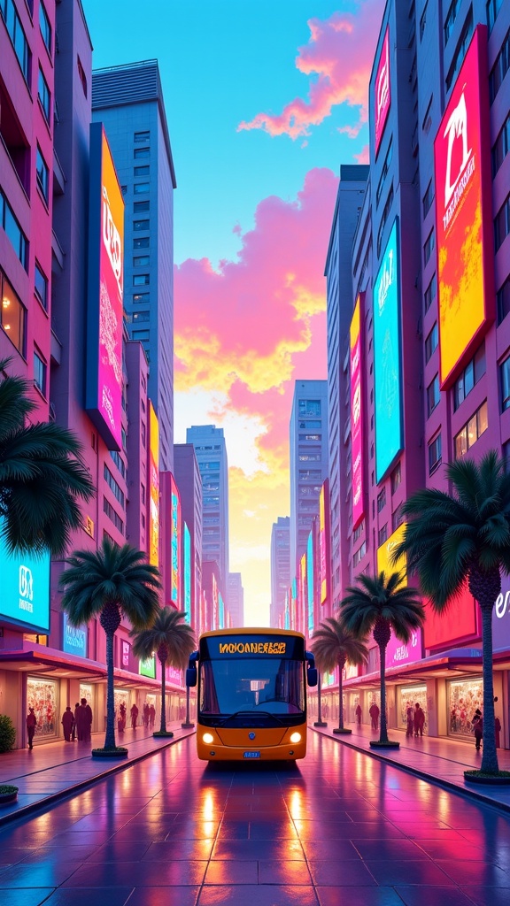 there is a painting of a city street with a bus on it,city street view background,anime style cityscape,colorful city,street background,animated movie scene,sylvain sarrailh,anton fadeev and dan mumford,city of pristine colors,alena aenami and artgerm,futuristic street,rio de janeiro in an anime film,colorful anime movie background,cinematic summer vibrancy,detailed street,alena aenami and android jones,hd anime cityscape,city background,anton fadeev 8 k,futuristic dieselpunk street,style of alena aenami,zootopia concept art,endless street,matte art,symmetric matte painting,cgsociety 9,futuristic city street,artistic. alena aenami,anime background art,animated movie shot,anime scenery,beautiful color art,stunning art style,