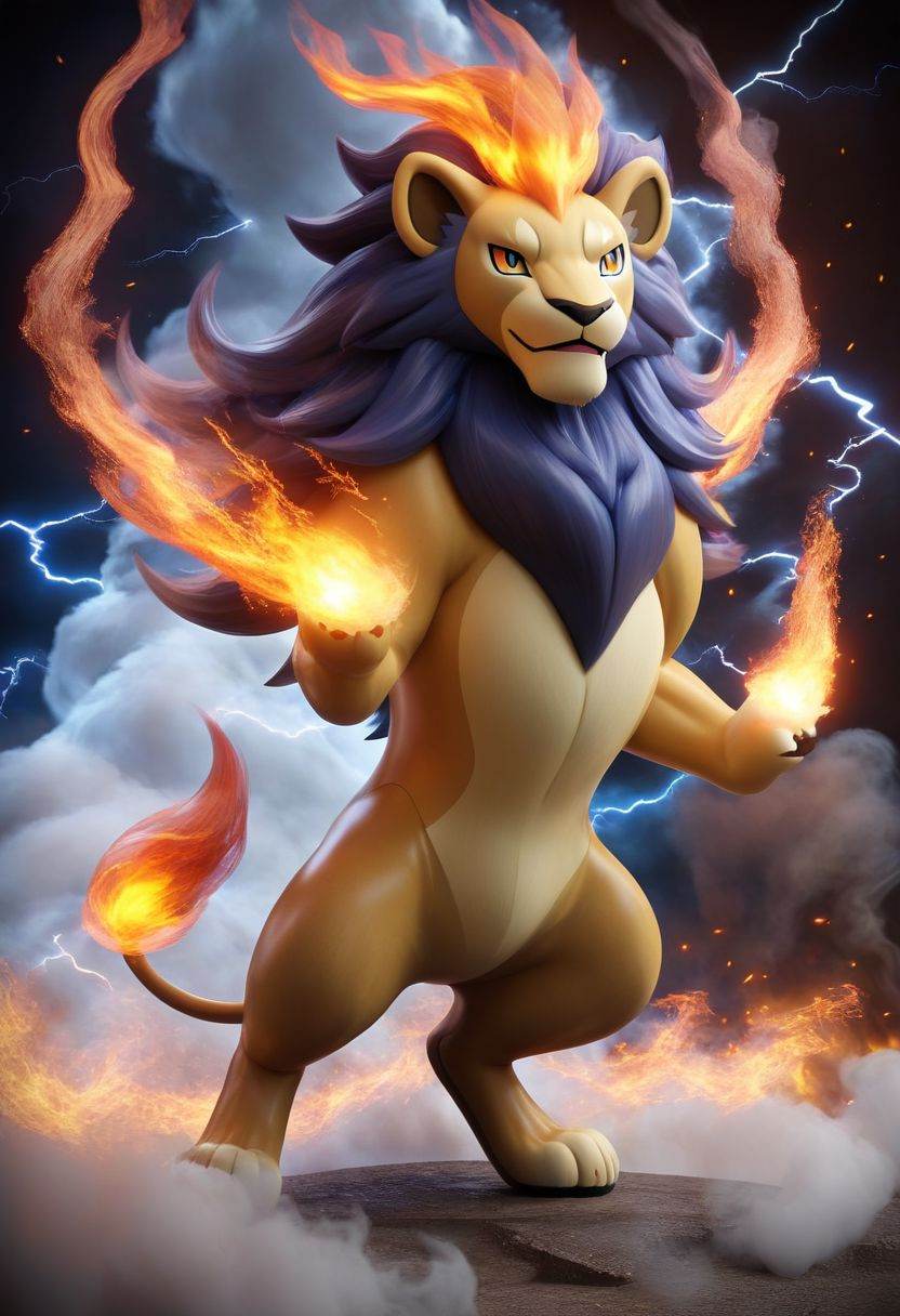 Pokemon (Lion), Fire, Full Body, Smoke, Lightning, HD, Masterpiece, Best Quality, Solo,