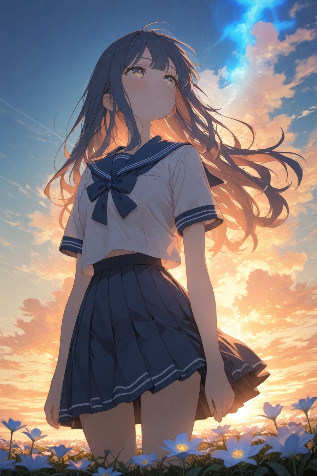 (masterpiece),best quality,ultra-detailed,anime style,cinematic lighting,warm sunset glow,glowing atmosphere,soft backlight,Japanese high school girl,navy blue sailor school uniform,pleated skirt,short sleeves,ribbon tie,long hair,threadlike layered hair,hair with blue glow highlights,soft wind-blown hair,standing in a field of flowers,sunset sky,golden clouds,vivid light bloom,nature background,calm expression,soft focus,beautiful lighting,looking up slightly,dramatic sky,delicate details,subtle blush,