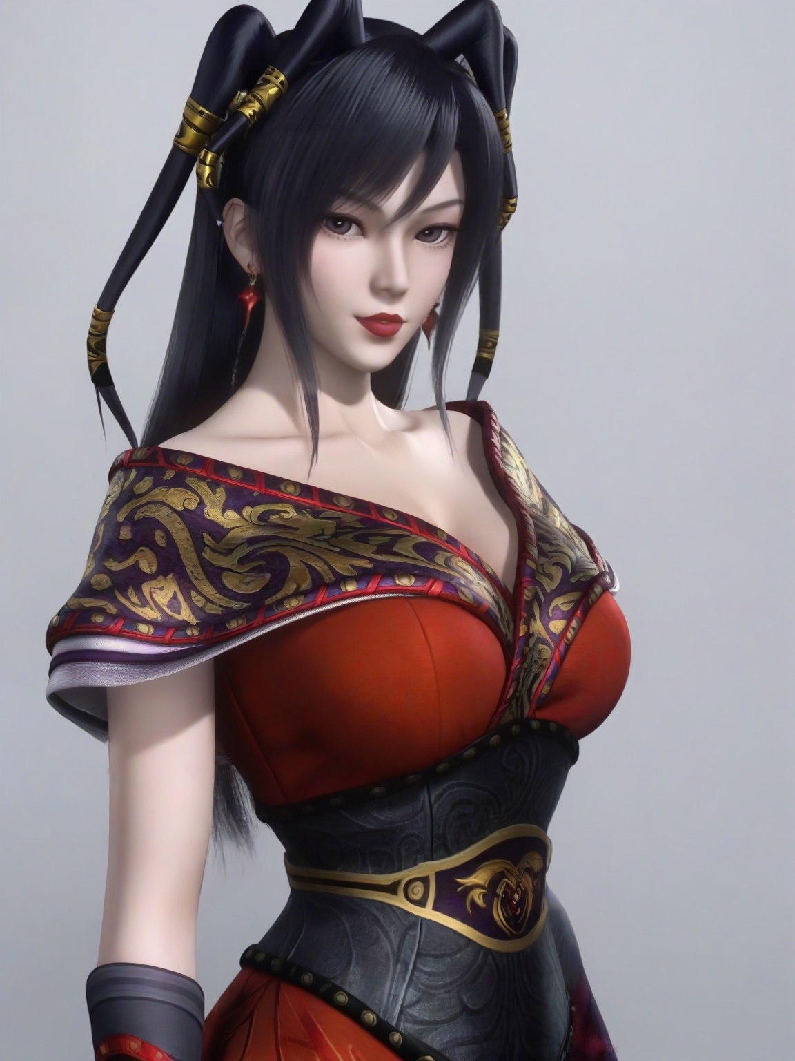 score_9,1girl,solo,red dress,long hair,standing,long hair,black hair,earrings,hair ornament,bangs,large breasts,standing,lipstick,upper body,looking at viewer,simple background,<lora:SF_ChiLian_Pony_Realism2.3:0.7>,