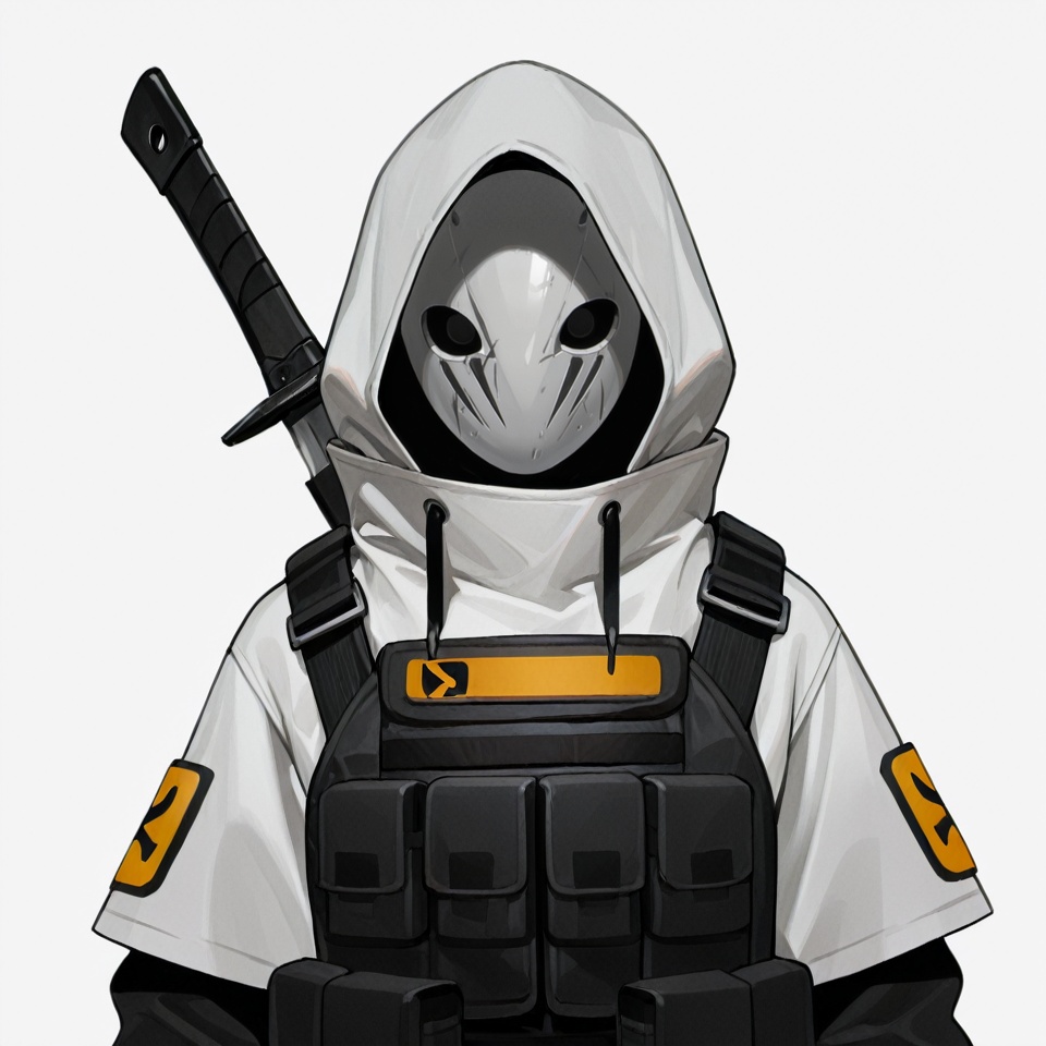 masterpiece, best quality,solo,(white background:1.2),simple background,1girl,looking at viewer,   Reunion Movement uniform,logo,arm wrap,short sleeves,armor,black pants,white hooded jacket,gloves,weapon,boots,hood up,mask,knife,knee pads,tactical clothes,bulletproof vest<lora:【粥】整活运动-杂兵制服-ill01:0.8>