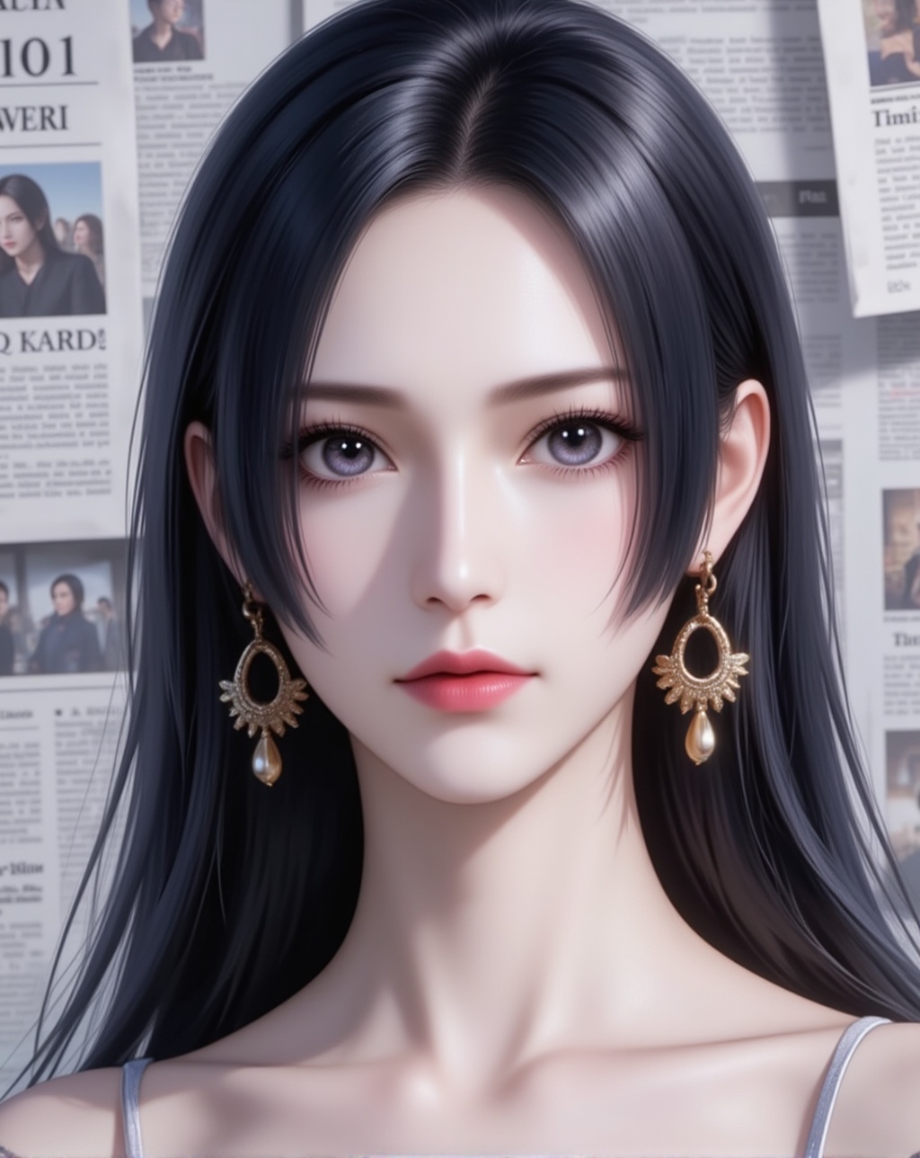 <lora:柳二龙·百搭款6:1.2>,liuerlong,1girl,solo,long hair,looking at viewer,black hair,jewelry,earrings,red lips,lips,black eyes,cover,gradient background,close-up details,outstanding style,adding a touch of dimension to your images without compromising details,close-up,<lora:DJ滤镜_2.5D版:0.4>,lvjing,<lora:油画唯美滤镜15:0.2>,baoshi,<lora:报纸背景·5:0.4>,baozhi,paper,newspaper,the newspaper wall,newspaper background,
