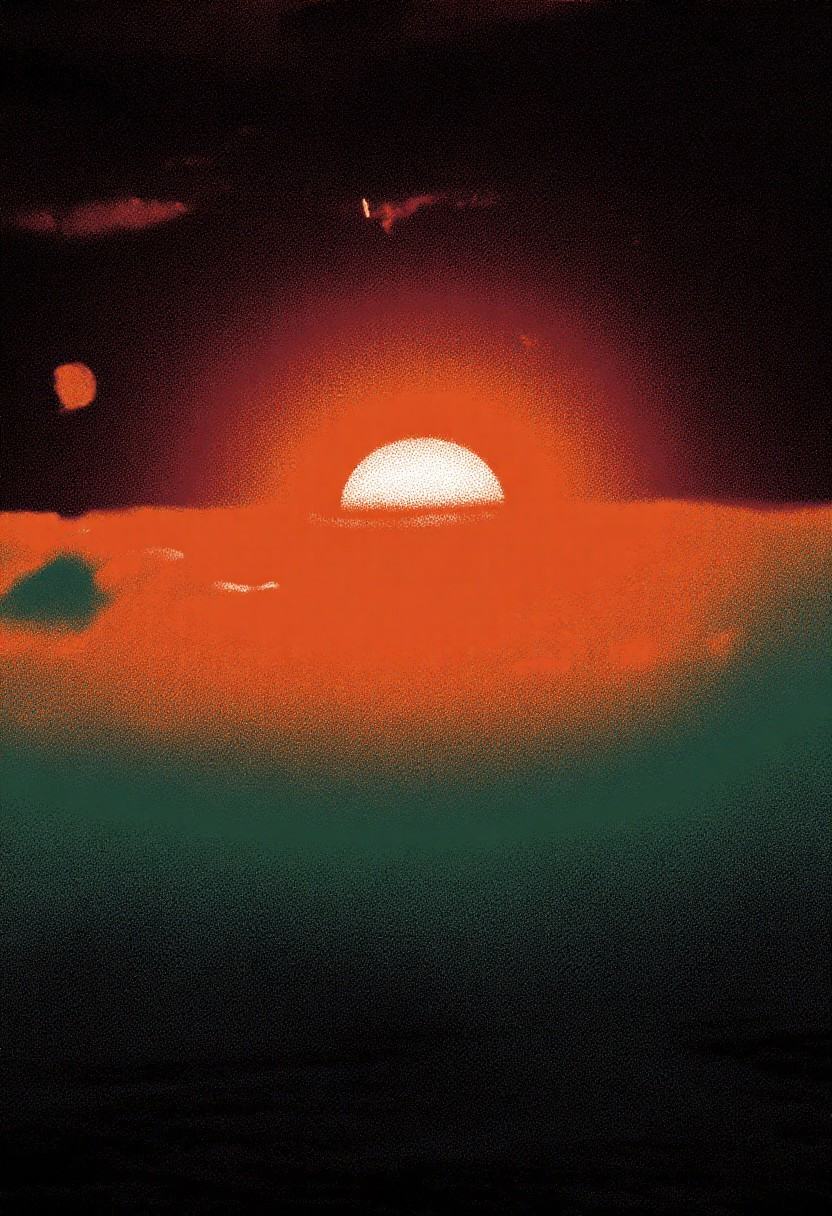 This image is a digital artwork featuring a stylized,  abstract depiction of a sunset. The scene is dominated by a vibrant...