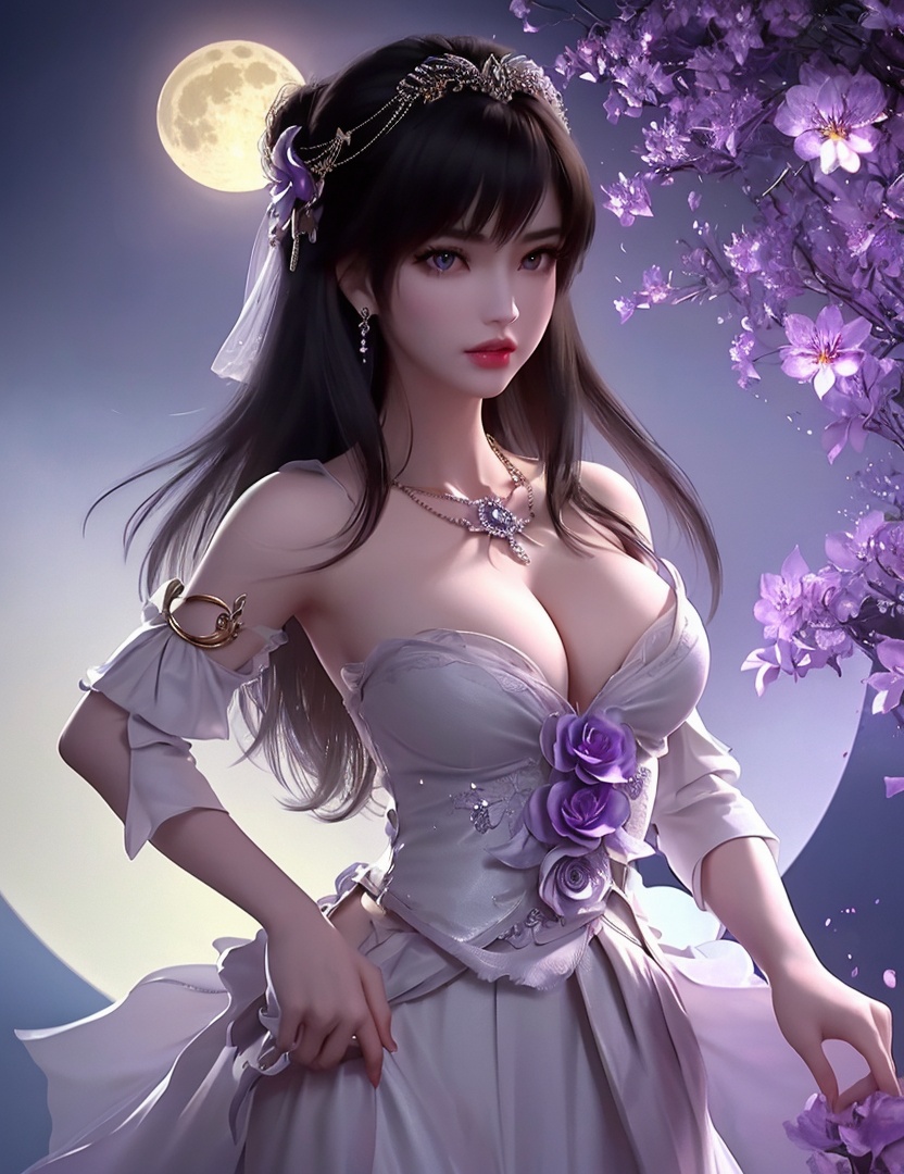 ultra realistic 8k cg, picture-perfect face, flawless, clean, masterpiece, professional artwork, famous artwork, cinematic lighting, cinematic bloom, perfect face, beautiful face, fantasy, dreamlike, unreal, science fiction,   lace, lace trim, lace-trimmed legwear,  (rich:1.4), prestige, luxury, jewelry, diamond, gold, pearl, gem, sapphire, ruby, emerald, intricate detail, delicate pattern, charming, alluring, seductive, erotic, enchanting, hair ornament, necklace, earrings, bracelet, armlet,halo((,1girl, pov,))(((1girl, jewelry, solo,, breasts, , looking_at_viewer,  outdoors,  full moon,  upper body,  purple flower, )))    <lora:DA_YueChanTeen:0.7>