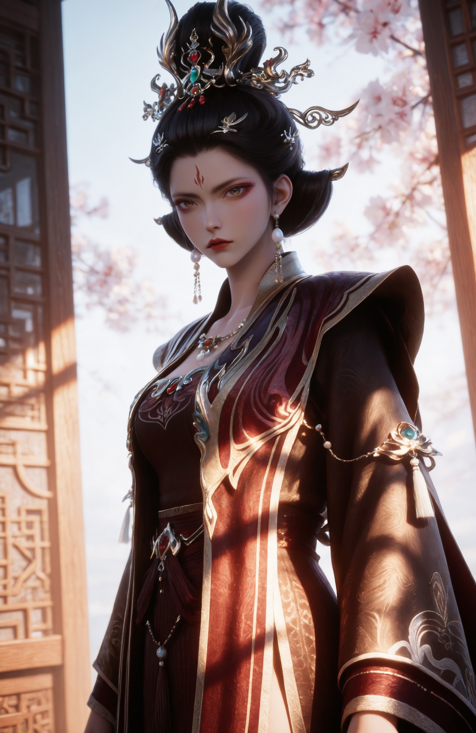 <lora:剑来-大骊皇后IL:0.7> 1girl, black hair, hair ornament, hair bun,brown eyes, forehead mark, red lips, chinese clothes, earrings, necklace, long sleeves,dress,, realistic style photo,outstanding style,Use soft lighting to cast gentle shadows on the subject,adding a touch of dimension to your images without compromising details,whirls of vapor,(Anime:1.1),soft neon light,ethereal ambiance,delicate details,magical atmosphere,concept art,highly detailed,ultra-high resolution,32K UHD,sharp focus,best-quality,masterpiece,golden hour,unconventional supreme masterpiece,masterful details,temperate atmosphere,with a high-end texture,in the style of fashion photography,magazine style,Dynamic Angle,Dynamic posture,magazine style,Dynamic Angle,Dynamic posture,(cowboy_shot:1.2),eye trail,depth of field,cinematic lighting,lens flare,close-up,extreme aesthetic,(wlop:0.6),(honjou raita,lack,rella,wanke:0.5),masterpiece,best quality,good quality,newest,year 2025,very aesthetic,absurdres,Visual impact,A shot with tension,ultra-high resolution,32K UHD,sharp focus,best-quality,masterpiece,Emotionalization,unconventional supreme masterpiece,masterful details,temperate atmosphere,with a high-end texture,in the style of fashion photography,(Visual impact:1.2),giving the poster a dynamic and visually striking appearance,, realistic style,white background,upper body,looking at viewer,dynamic posture,