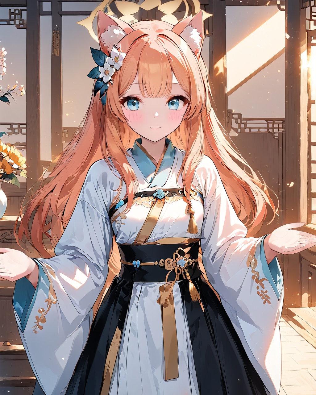 O,Hanfu,hanfu,O,1girl,**** performance,flower,vase,looking at the audience,hair_ornament,long hair,smile,indoor,waist belt,bangs,flower in hair,white flower,standing,braid,wide sleeves,Chinese clothing,long sleeves,raising hands,waist belt,blush,twin braids,full body,dress,yellow flower,lamp,white pleated skirt,plant,wooden floor,hanfu,potted plant,tassel,mari (blue archive),(UHD),anatomically correct,accurate,textured skin,super detail,high details,award winning,best quality,high quality,retina,HD,16k,1080P
