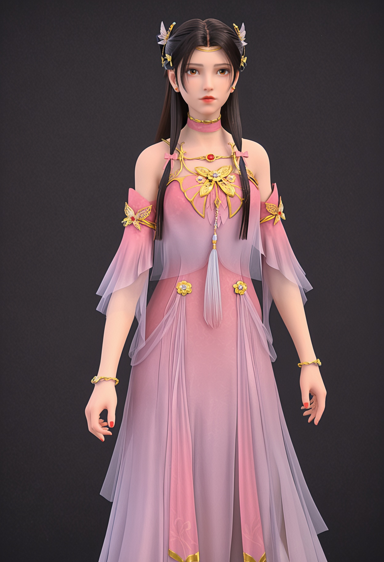 (cowboy shot:1.2),(looking at viewer:1.1),facing viewer,direct gaze,<lora:YQ_pony_tianlinger_V5:0.8>,q1528437228,1girl,solo,jewelry,long hair,hair ornament,earrings,dress,brown hair,choker,black hair,brown eyes,detached sleeves,hair bun,bracelet,necklace,sandals,BREAK simple background,pure black background,black background,perfect anatomy,