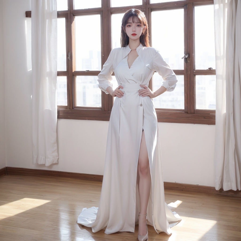 1girl, dress, Indoor, standing, full_body,hand on hip,<lora:20231109-1699510907344:0.6>
