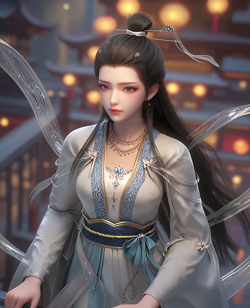 (oriental architecture, elegant decor, sophisticated style:1.1),(taking escalator,putting hand on handrail:1.1),(breasts:1.2),<lora:XL16长生界九州神女兰若:0.95>,miss lanruo,white dress,blue eyes,black hair,very long hair,hair bun,necklace,hanging hair,hair ornament,silk shawl,white bra,sash,blue dress hem,, score_9,score_8_up,score_7_up,score_6_up,score_5_up,score_4_up,3d rendering,tag1,tag2, Cinematic Lighting,backlighting,