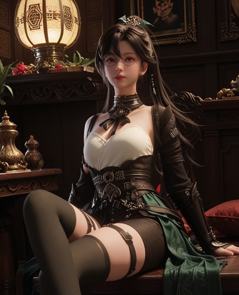 (oriental architecture, elegant decor, sophisticated style:1.1),(Sitting on a surface with legs dangling:1.1),(breasts:1.2),<lora:XL逆水寒玄机掌门宋邀星>,miss xuanji,black hair,glasses,ponytail,choker,detached collar,tube top,long hair,green overskirt,black shorts,sash,thigh strap,black thighhighs,elbow gloves,lips,, score_9,score_8_up,score_7_up,score_6_up,score_5_up,score_4_up,3d rendering,tag1,tag2, Cinematic Lighting,backlighting,
