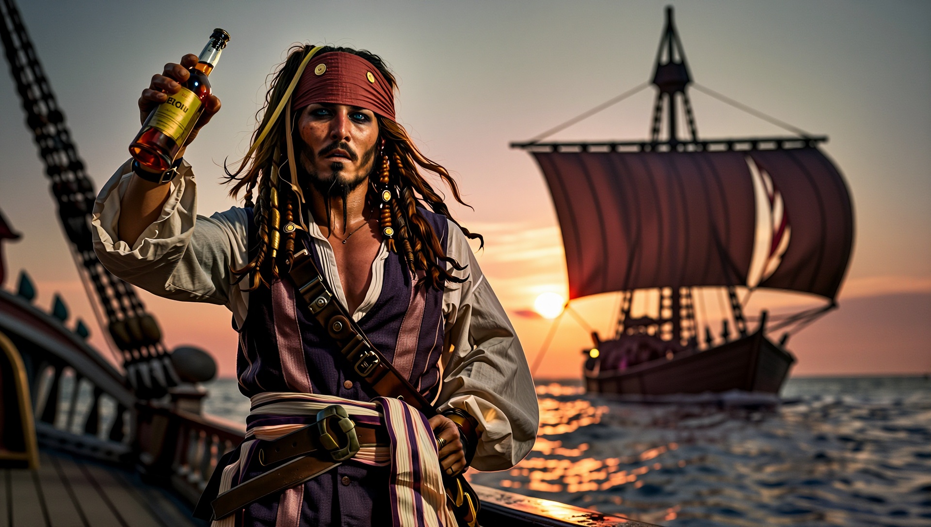 Jack Sparrow on the deck of a pirate ship at sunset,  rum bottle in hand,  sails catching the wind on Tensor.Art