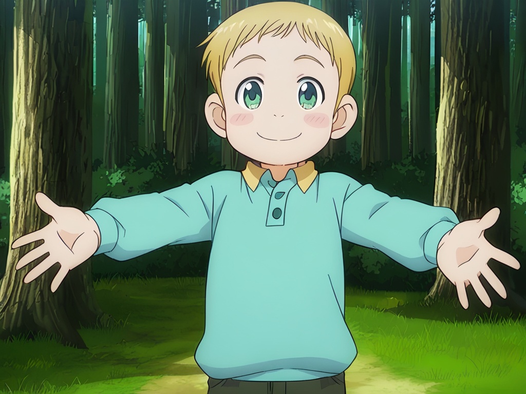 <lora:Gawain_XL_V2:1>,gawain nanami,do not split pictures,best quality,best detail,masterpiece,NSFW,male focus,forest,solo,1boy,toddler,male_child,petite,blonde hair,green eyes,very short hair,smile,blush stickers,(blush:0.5),perfect hands,(5fingers:1.3),correct anatomy,huge filesize,available light,full_shot,