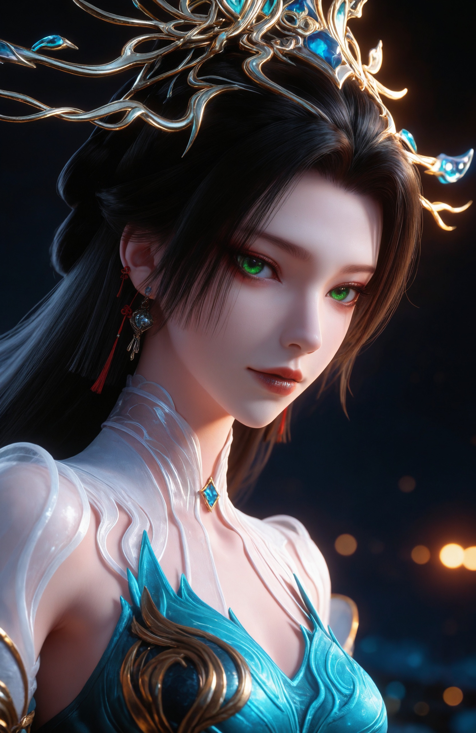 <lora:百炼成神3-青萝IL:0.7> 1girl, long hair, black hair, green eyes, earrings, hair ornament, jewelry, chinese clothes, bare legs,long legs, detached sleeves, high heels, blue dress, realistic style photo,outstanding style,Use soft lighting to cast gentle shadows on the subject,adding a touch of dimension to your images without compromising details,whirls of vapor,(Anime:1.1),soft neon light,ethereal ambiance,delicate details,magical atmosphere,concept art,highly detailed,ultra-high resolution,32K UHD,sharp focus,best-quality,masterpiece,golden hour,unconventional supreme masterpiece,masterful details,temperate atmosphere,with a high-end texture,in the style of fashion photography,magazine style,Dynamic Angle,Dynamic posture,magazine style,Dynamic Angle,Dynamic posture,(cowboy_shot:1.2),eye trail,depth of field,cinematic lighting,lens flare,close-up,extreme aesthetic,(wlop:0.6),(honjou raita,lack,rella,wanke:0.5),masterpiece,best quality,good quality,newest,year 2025,very aesthetic,absurdres,Visual impact,A shot with tension,ultra-high resolution,32K UHD,sharp focus,best-quality,masterpiece,Emotionalization,unconventional supreme masterpiece,masterful details,temperate atmosphere,with a high-end texture,in the style of fashion photography,(Visual impact:1.2),giving the poster a dynamic and visually striking appearance,, realistic style,white background,upper body,looking at viewer,dynamic posture,