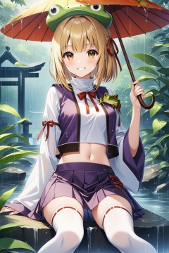 1girl, moriya_suwako, solo, looking_at_viewer, smile, short_hair, bangs, skirt, blonde_hair, shirt, thighhighs, long_sleeves, hat, ribbon, navel, holding, sitting, hair_ribbon, yellow_eyes, white_shirt, sidelocks, outdoors, midriff, miniskirt, wide_sleeves, medium_hair, grin, vest, white_thighhighs, red_ribbon, feet_out_of_frame, turtleneck, animal, leaf, animal_print, ribbon_trim, skirt_set, rain, ribbon-trimmed_sleeves, purple_skirt, tress_ribbon, water_drop, snake, brown_headwear, frog, torii, ribbon-trimmed_legwear, purple_vest, holding_leaf, frog_print, leaf_umbrella , masterpiece