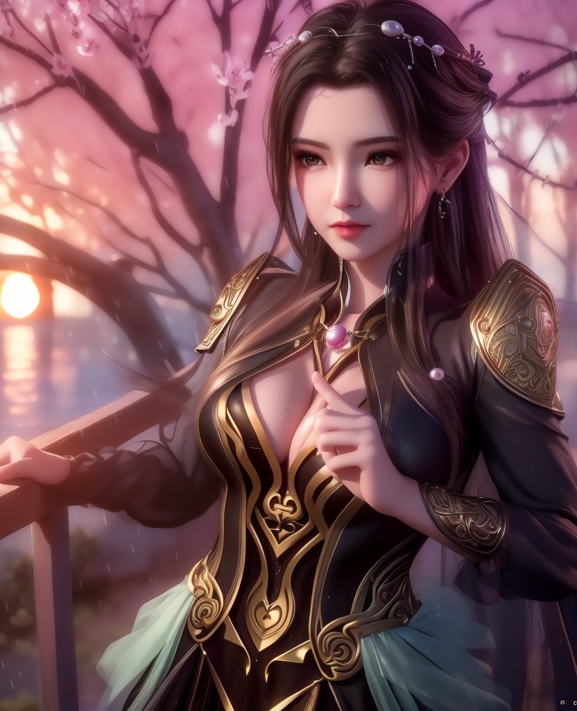 <lora:548-DA-师兄啊师克-碧霄:0.8>(,1girl, ,best quality, ),looking at viewer,  ,,ultra detailed 8k cg, ultra detailed background ,ultra realistic 8k cg,          cinematic lighting, cinematic bloom, (( , )),,  , unreal, science fiction,  luxury, jewelry, diamond, pearl, gem, sapphire, ruby, emerald, intricate detail, delicate pattern, charming, alluring, seductive, erotic, enchanting, hair ornament, necklace, earrings, bracelet, armlet,halo,masterpiece, (( , )),, realistic,science fiction,mole,   ,cherry blossoms,,(((Best quality, masterpiece, ultra high res, (photorealistic:1.4), raw photo, 1girl, ,rain, , sunlight, sunset, qianqiu wanxia,     )))  (cleavage), (),