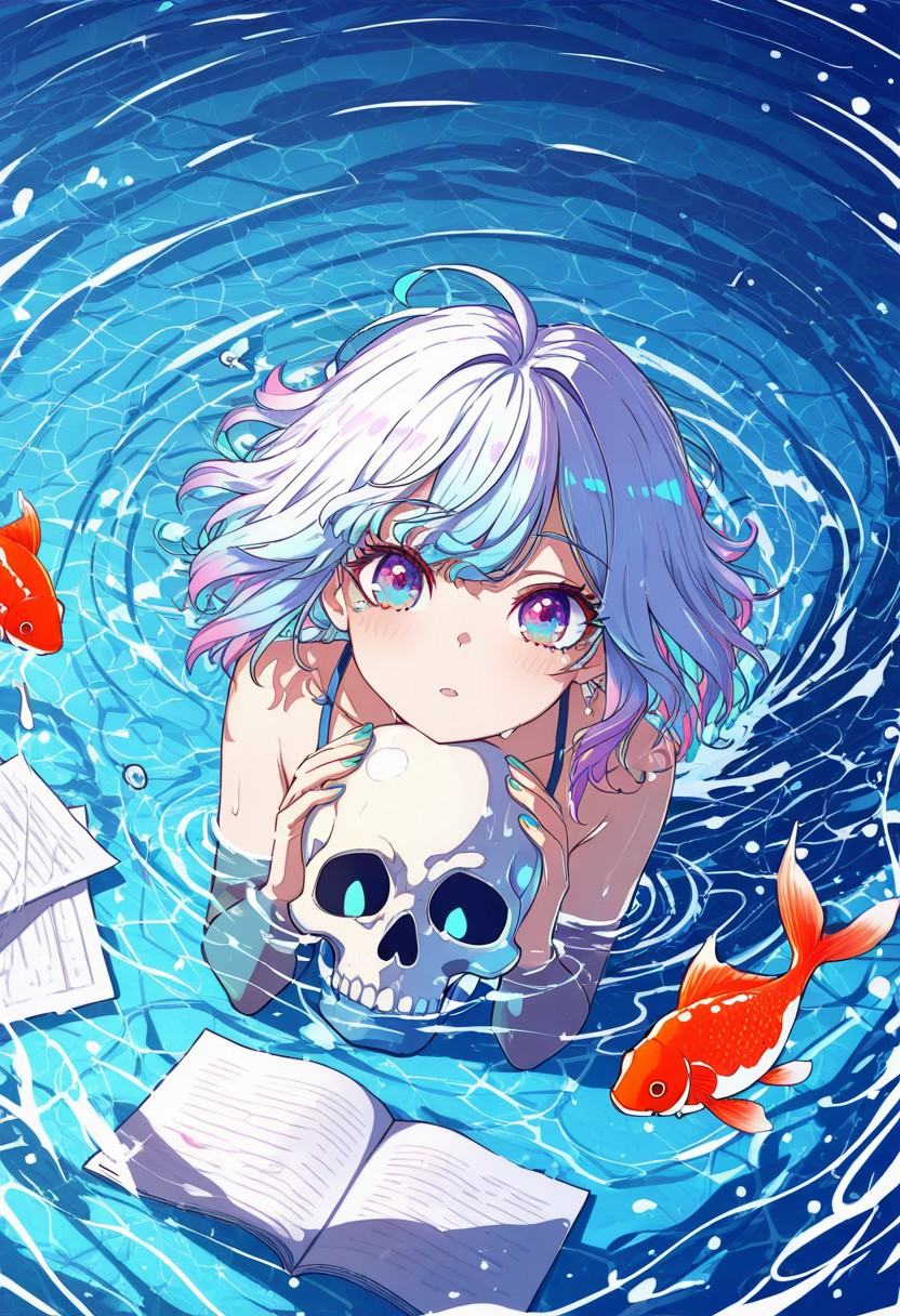 A front-facing portrait where the top half of the head is dissolved into transparent splashing water. Goldfish are swimmin...