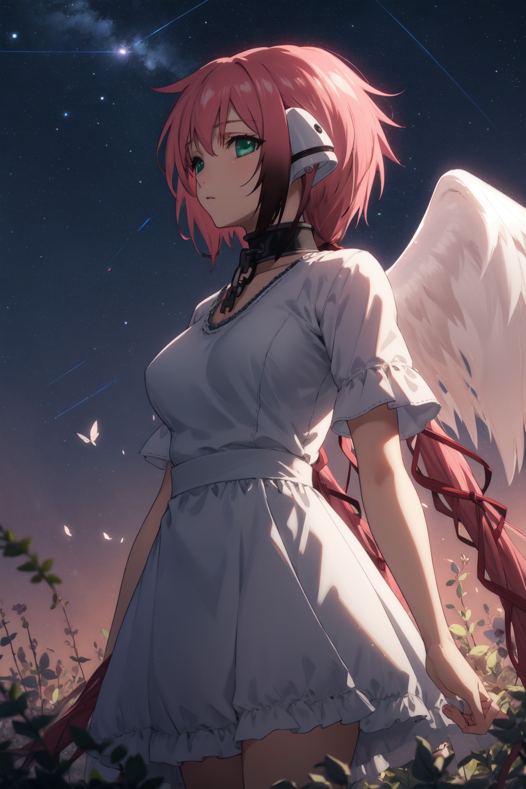 <lora:Ikaros-000009:0.8>,ikaros cyql,1girl,looking at viewer,solo,pink hair,long hair,very long hair,twintails,robot ears,hair ribbon,green eyes,collar,metal collar,chain,wings,angel wings,large breasts,Gingham checkered dress,teardrop,profile,As darkness falls, the sky twinkles with countless stars, the Milky Way spanning across the heavens. A gentle breeze rustles through the grass, and the distant howl of wolves intermingles with the chirping of insects,(Bluebells, Beech trees, Misty dawn, Carpet of flowers, Early morning light, Birdsong:0.5),beautiful detailed sky,beautiful detailed glow,posing in front of a colorful and dynamic background,masterpiece,best quality,beautiful and aesthetic,contrapposto,female focus,wallpaper,
