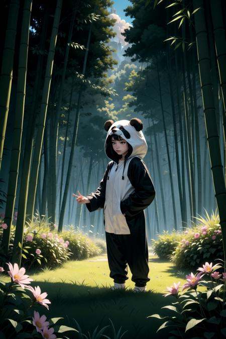 1girl,  a beautiful bamboo forest fire with golden clouds and flowers. Volumetric light,  moody colors on Tensor.Art