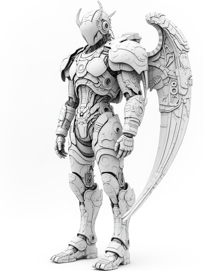 miluo_jqgk,A super detailed, futuristic robotic dude stands tall, decked out with mechanical wings, a helmet, and armor that look like they're straight out of a sci-fi flick. The background is plain white, making the intricate design of the bot's armor and mechanical bits pop..<lora:米洛丨机器怪咖v1.3:1>