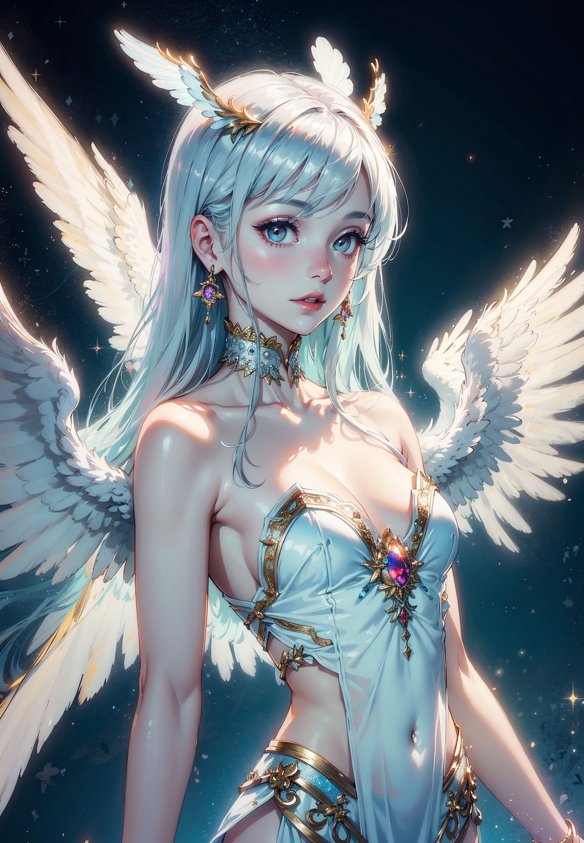 An angel is depicted with a pale and luminous complexion,  their skin seemingly glowing with an otherworldly radiance. The...