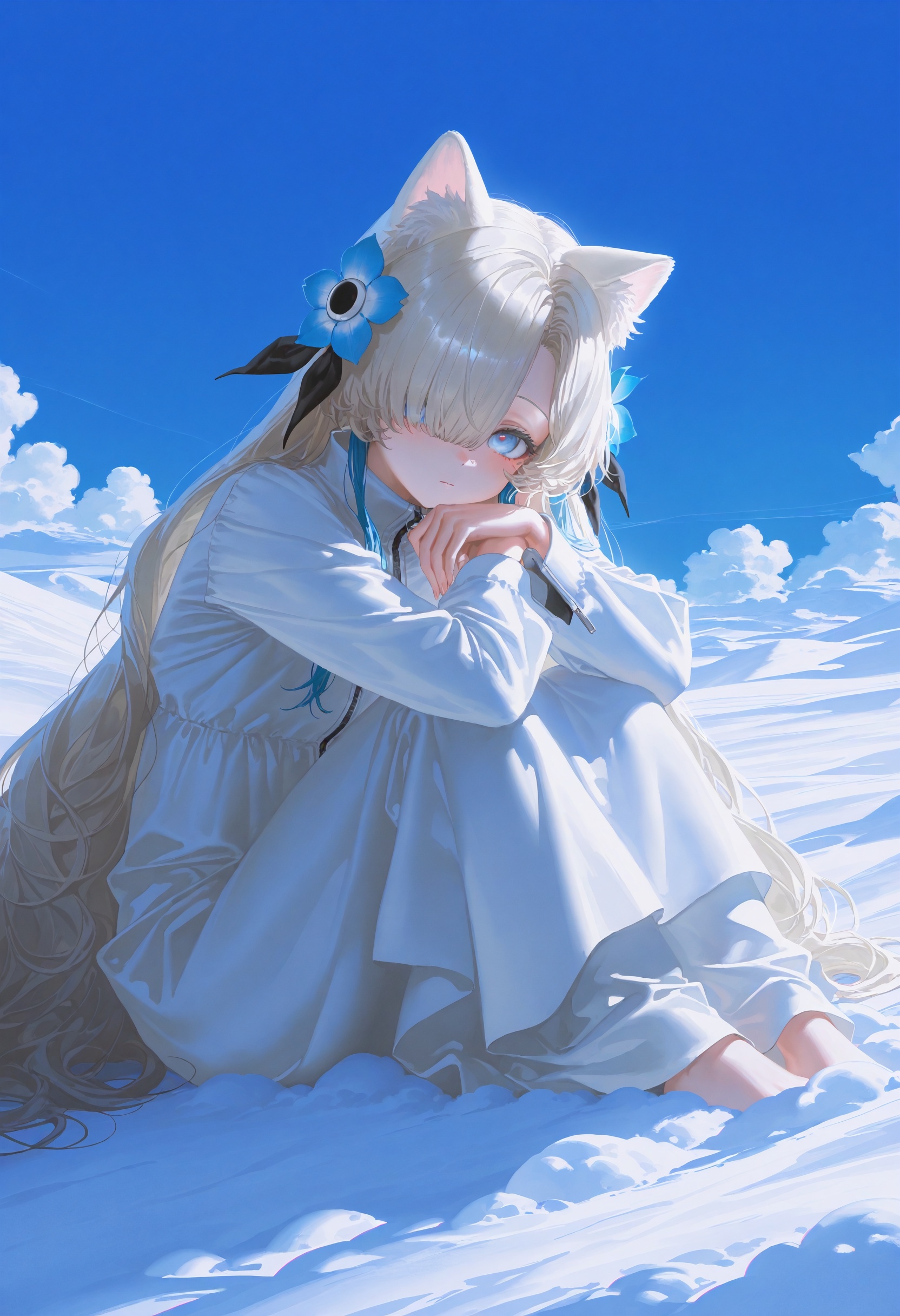 masterpiece,best quality,artist:john_kafka,artist:nixeu,artist:quasarcake,chromatic aberration,film grain,high contrast,color contrast,cold colors,gritty,graphite \\\\(medium\\\\),isekai joucho,1girl,hair over one eye,solo,virtual youtuber,hair flower,looking at viewer,long sleeves,arctic fox ears,white dress,blue sky background with cloud,ground view,by potg,white long hair,full body,sitting in the snow,