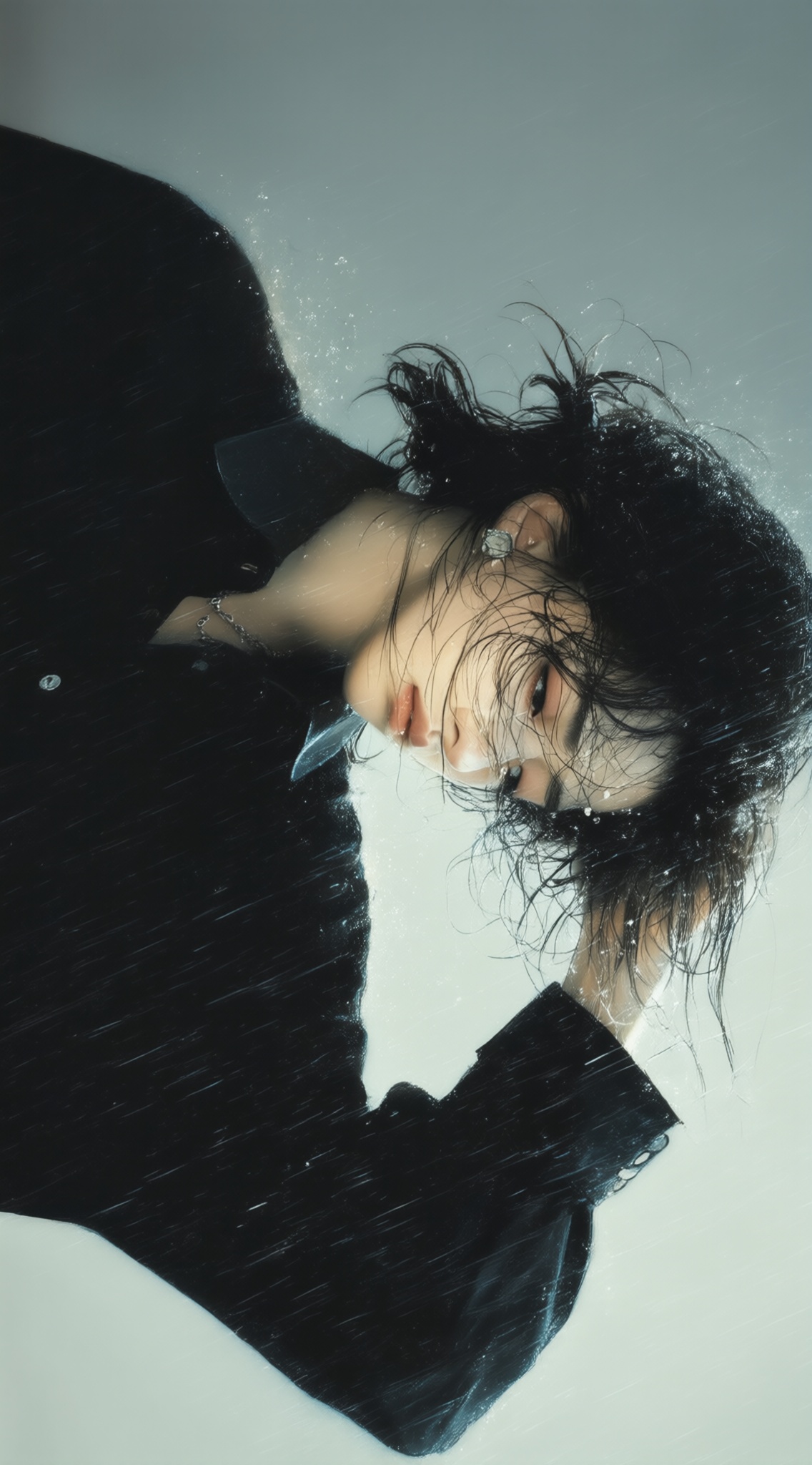 a digital illustration shoot from a profile camera angle about a portrait of a woman with wet hair and a contemplative expression,surrounded by rain,the image also shows water droplets on the subjects face and upper body,on the middle of the image,a young woman appears to be in her early twenties,with her eyes closed and a serene expression,she has long,wavy black hair and is wearing a black shirt with a high collar and long sleeves,her hair falls down her back,and she is holding her head with one hand,she is wearing earrings and has a necklace around her neck,the background is a simple gradient of light blue to white,and the image has a soft,ethereal quality,, Negative prompt: ng_deepnegative_v1_75t,(badhandv4:1.2),EasyNegative,(worst quality:2),,nsfw, Steps: 30, Sampler: Euler, CFG scale: 4.0, Seed: 1118287904, Size: 1142x2048, Model hash: 9768b098f7, Model: ZOZ_千问大模型~超强泛化改良版_v1.0.safetensors, Denoising strength: 0, RNG: CPU, Lora 1: ZOZ, Lora Hash 1: aadbc953ae, Lora Weight 1: 0.8, vae_name: automatic