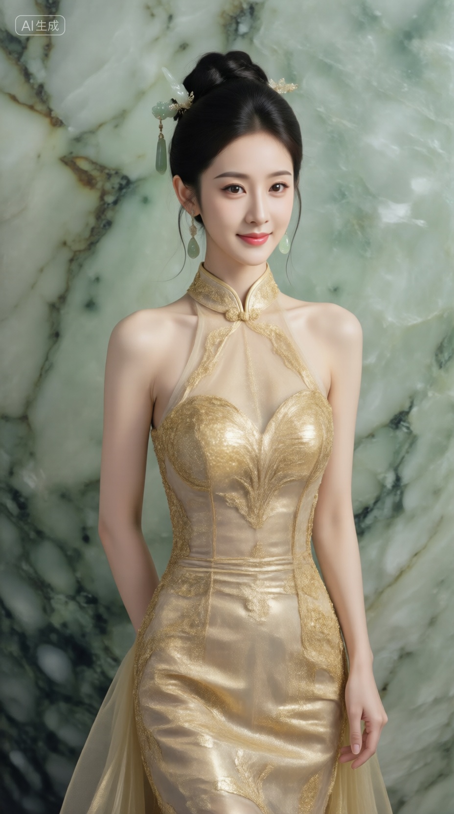 千问佳人,一位身着金缕玉衣风格礼服的中式女子,立于抽象玉石纹理背景中,背景莹白透绿,她面容端庄,微笑职业,发间玉簪轻摇,气质高贵,, , , Negative prompt: EasyNegative,nsfw,,nsfw, Steps: 20, Sampler: Euler, CFG scale: 4.0, Seed: 3483618120, Size: 928x1664, Model hash: 98763a1277, Model: Qwen-Image_1.0.safetensors, Denoising strength: 0, RNG: CPU, Lora 1: qwen千问佳人, Lora Hash 1: ac0e909e71, Lora Weight 1: 1.0, vae_name: automatic
