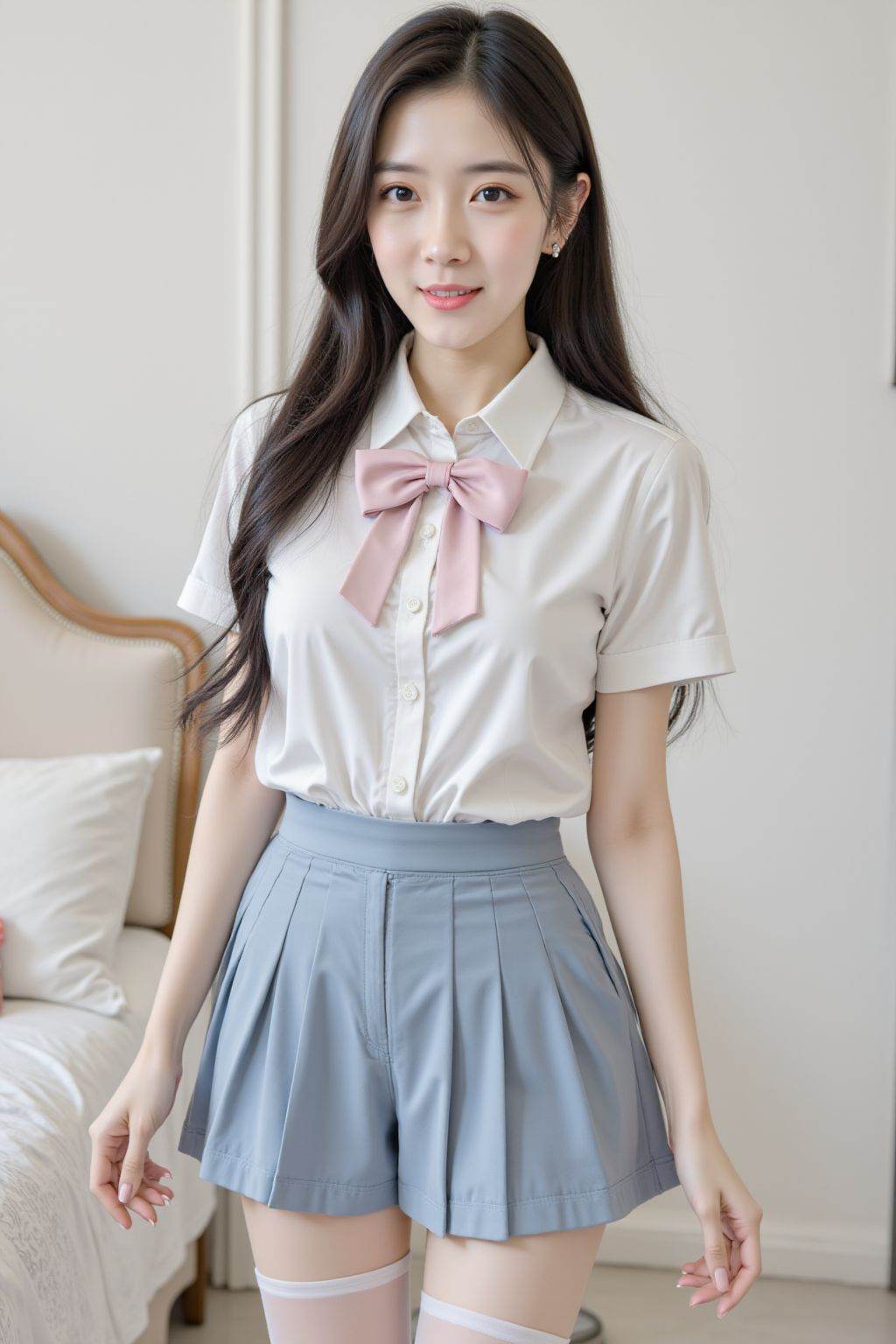 She appears to be in her early twenties. She wears a white, short-sleeved collared shirt with a pink bow tie, a blue pleated mini-skirt, and sheer white over-the-knee socks. She has long straight black hair, fair skin, and white lipstick. Her facial expression was excited. The background is a plain white wall and a portion of a bed with patterned linens on the left side. The lighting appears to be natural, creating soft shadows. The overall composition is clean and simple. The style is somewhat suggestive, with emphasis on the woman's figure and clothing.