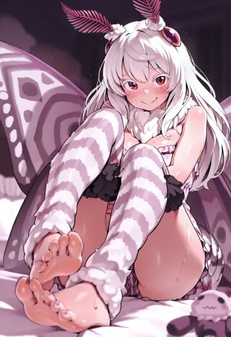 masterpiece, best quality, amazing quality, absurdres, perfect face, solo, vibrant, depth of field,1girl, 20yo, large breasts,mothmanmge, monster girl, arthropod girl, moth girl, animal hands, black hands, insect wings, moth wings, large wings, multicolored wings, pink wings, purple wings, red antennae, moth antennae, arthropod tail, fewer digits, fluffy, chest tuft, mane,  white hair, long hair, bangs, red eyes, large breasts, navel, cleavage, bare shoulders, striped stockings, pajamas, purple pajamas,blush, sweat, smile, embarrassed,  sitting, feet, barefoot, toes, pink nails, foot focus, hugging own legs,dynamic angle,looking at viewer,   detailed background, dark background, indoors, sleepover, pillows, stuffed toys,<lora:StS-Illustrious-Detail-Slider-v1.0:3> <lora:Dynamic lighting[IL]:0.6>  <lora:illustrious_quality_modifiers_masterpieces_v1:0.5> <lora:mothmanmge-000007:0.9>