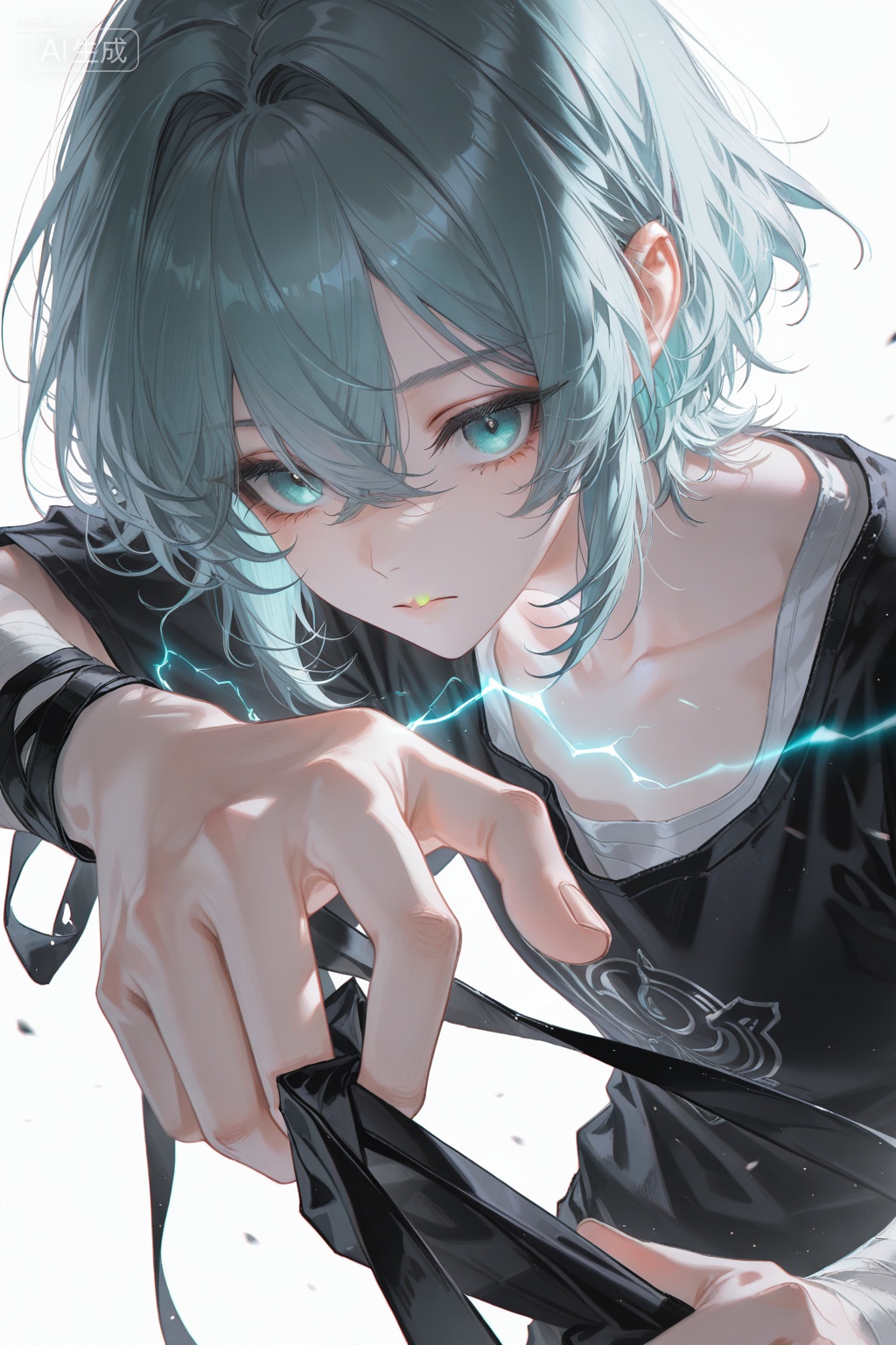 1boy,arm_ribbon,simple_background,white_background,blanchedalmond,azure,(pull:1.2),full_shot,short hair,aqua eyes,banderole,(The character pulls down:1.6),from_above,expressionless,bandaged_arm,outstretched_arm,looking_at_viewer,eye-contact,looking_up,light particles,lens flare,(artist:quasarcake:0.8),extreme aesthetic,(wlop:0.6),wanke,rella,wanke,masterpiece,best quality,good quality,newest,year 2024,year 2023,very aesthetic,absurdres,Visual impact,Electromotive force,perspective composition,A shot with tension,ultra-high resolution,32K UHD,, Negative prompt: (worst quality, low quality),deformed,distorted,disfigured,doll,poorly drawn,bad anatomy,wrong anatomy,sketch,jpeg artifacts,signature,watermark,artist name,old,oldest,,nsfw, Steps: 20, Sampler: Euler a, CFG scale: 5.0, Seed: 1899926386, Size: 1024x1536, Model hash: e62cd982e2, Model: 崩坏彩涂_1.0.safetensors, Denoising strength: 0.0, Clip skip: 2, ENSD: 31337, RNG: CPU, vae_name: automatic