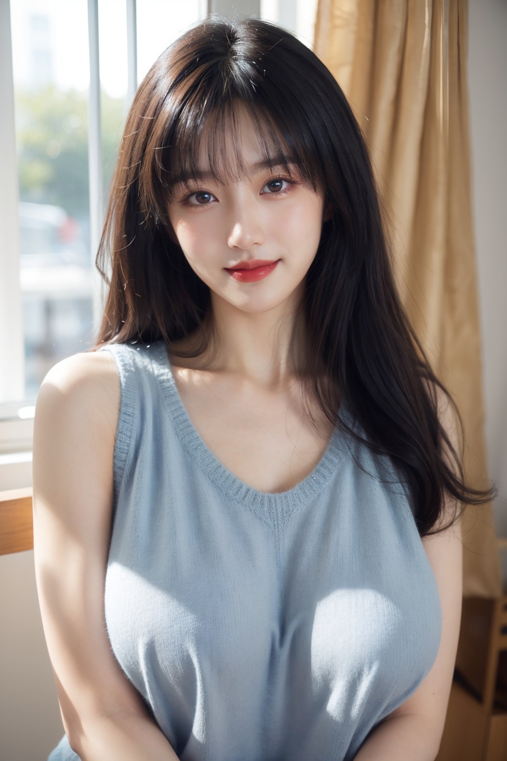 1girl, black hair,(huge breasts:1.2), brown eyes, curtains, indoors, lips, lipstick, long hair, looking at viewer, makeup, blue,sweater, sleeveless, smile, solo, sweater, upper body 