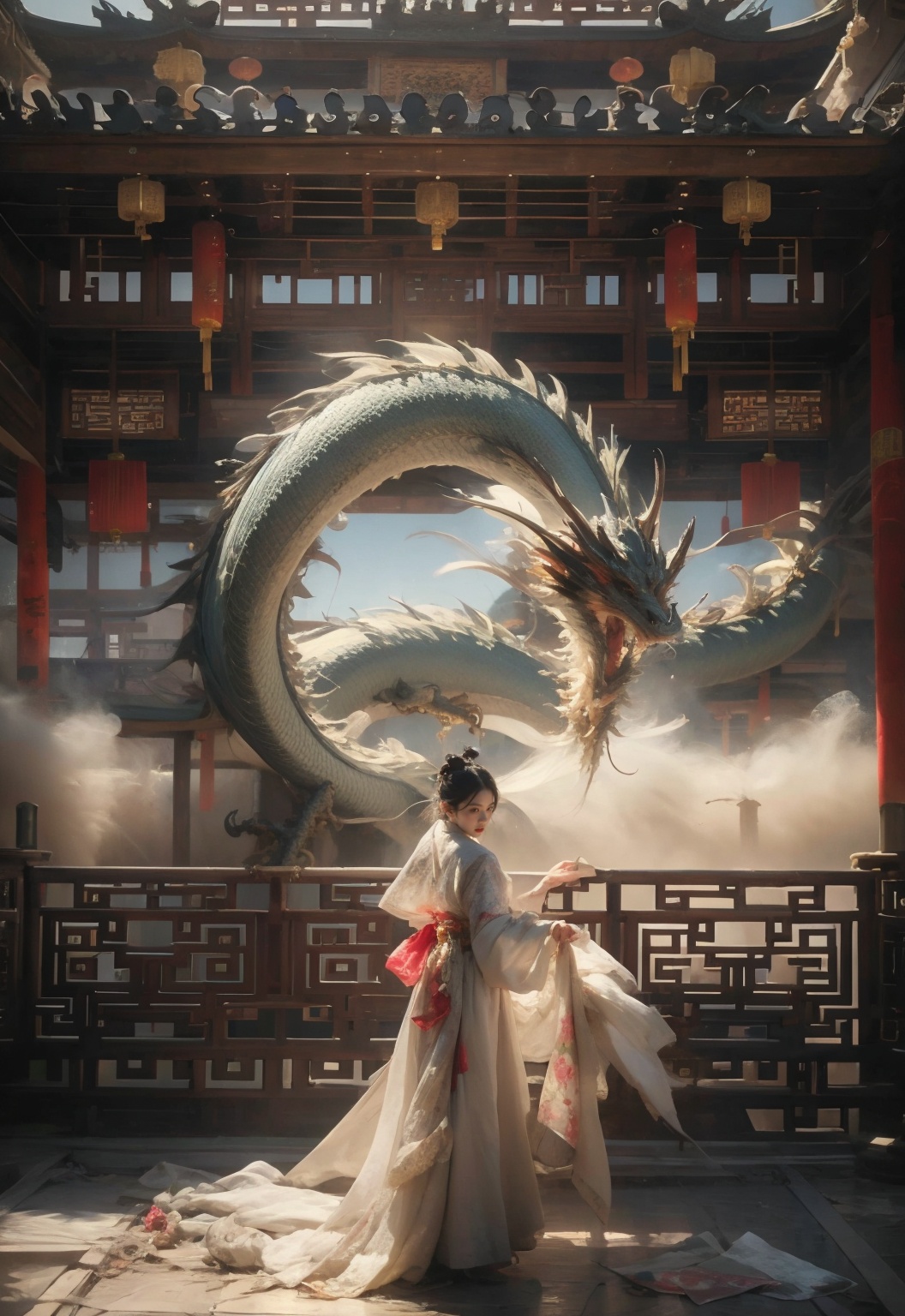 (masterpiece:1.2),best quality,highres,extremely detailed CG,perfect lighting,8k wallpaper,Illustration,ink wash painting,1girl,chinese_clothes,cloud and fog,dragon,<lora:003:0.5>,